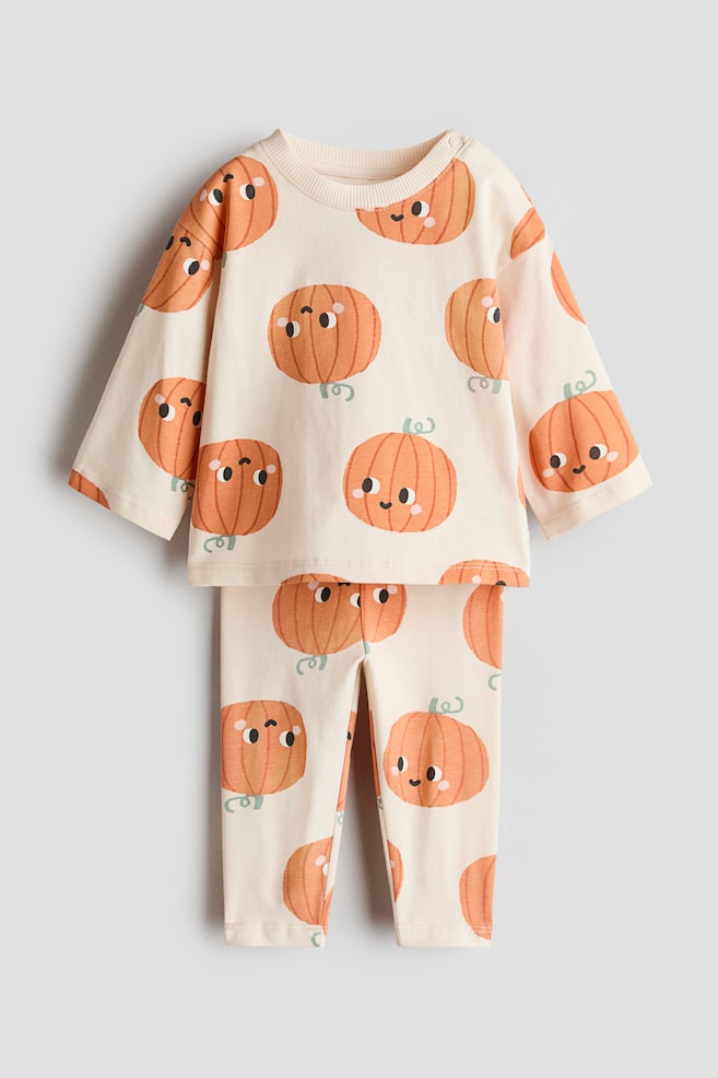 Ensemble imprimé 2 pièces en coton - Beige clair/citrouilles - 1