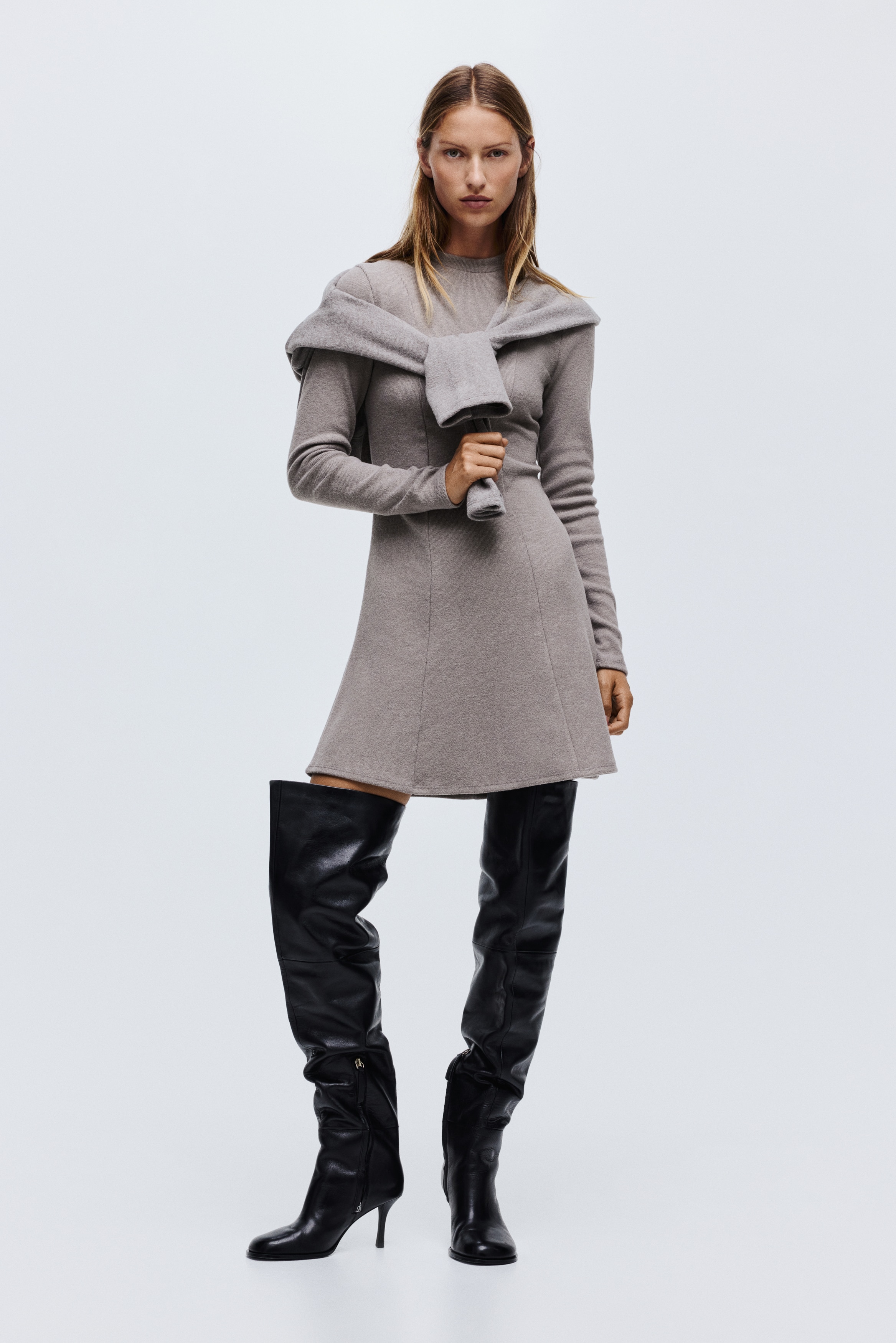 Ladies - Taupe Melange Knit Mini Dress - Size: M - H&M