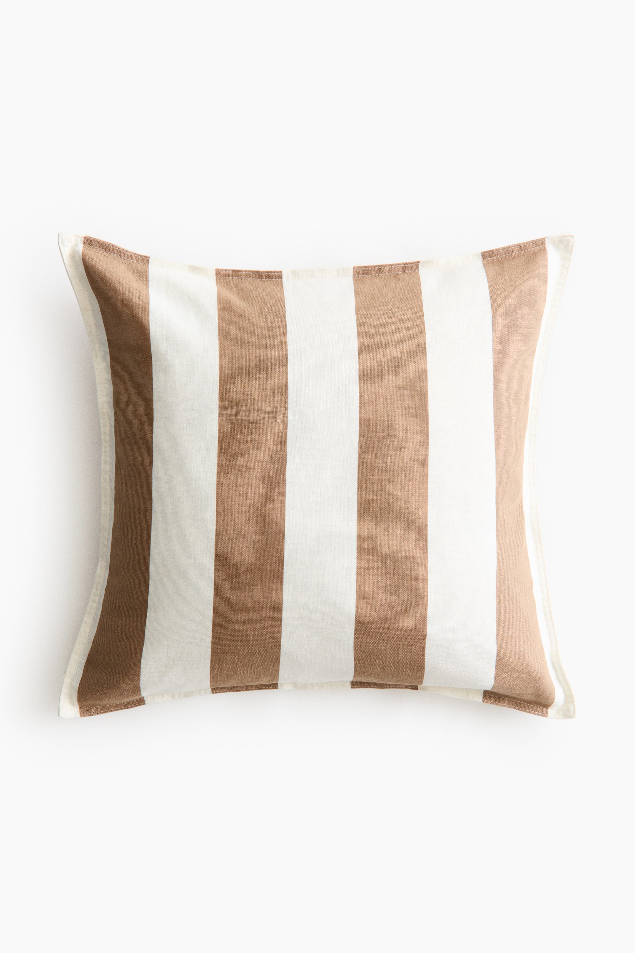 View larger image: A cushion cover, made from a woven linen and cotton blend, is presenting its front, featuring a striped pattern with alternating brown and off-white vertical bands and visible stitching around all edges.