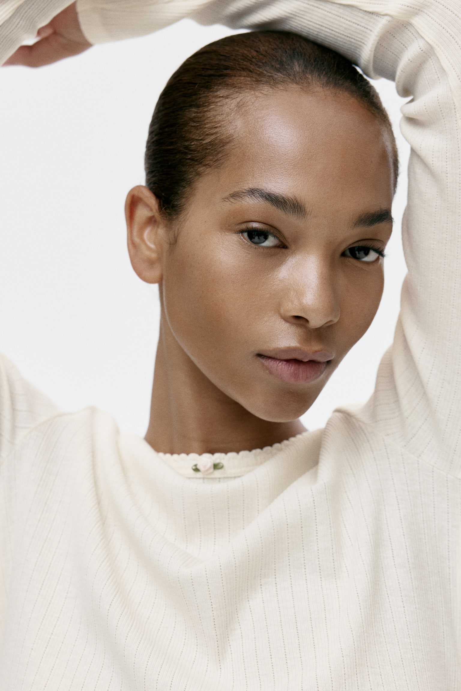 פיג'מת ג'רזי ריב - קרם/חום כהה - 4