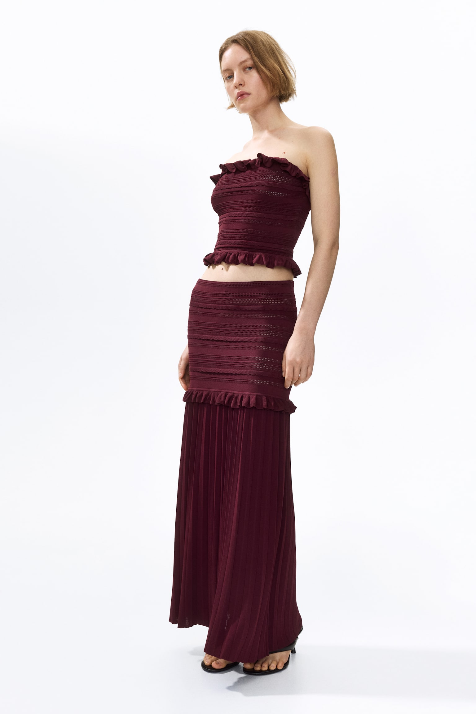 Pleated pointelle-knit skirt-Burgundy - 1
