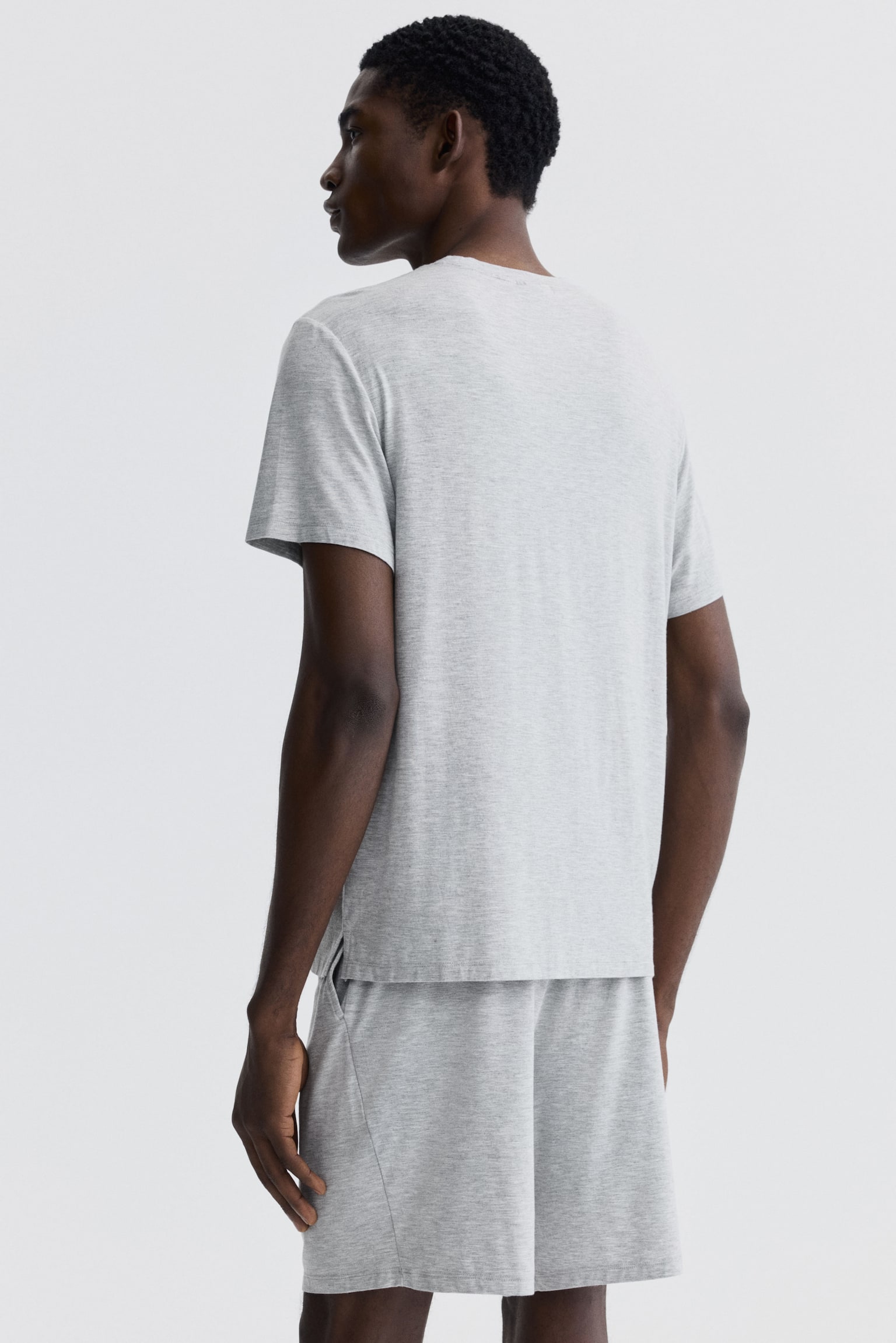 Трикотажна піжама з футболкою та шортами - Світло-сірий меланж/Бірюзовий/Темно-коричневий - 4