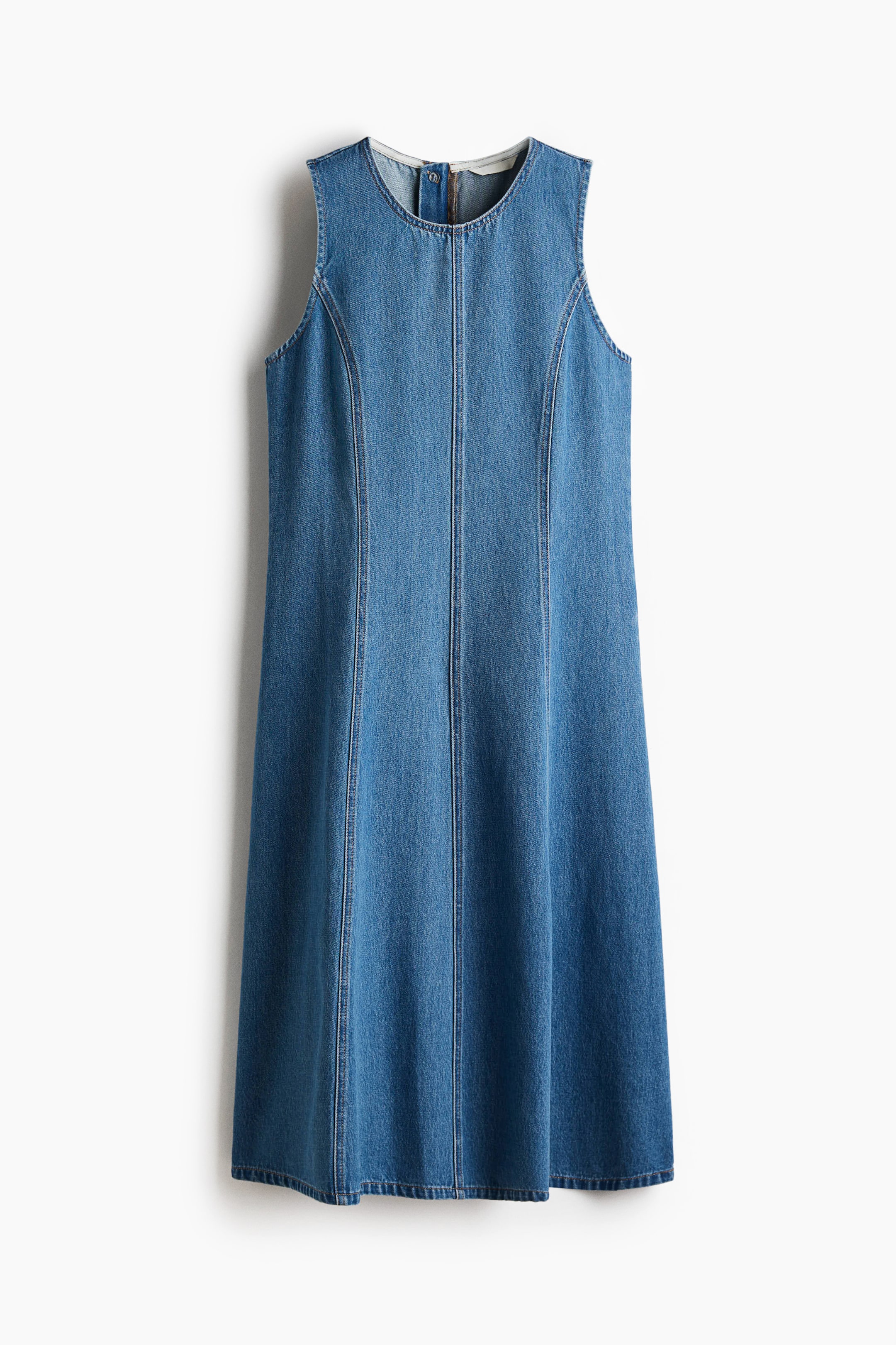 View larger image: A medium blue denim dress is facing FRONT, featuring a round neckline, sleeveless cut, and midi length. Vertical seams are shaping the front panels, and a zipper closure with a button is visible at the back of the neck.