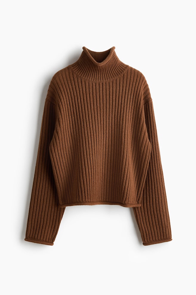 Pull en maille de laine côtelée - Marron/Crème - 1