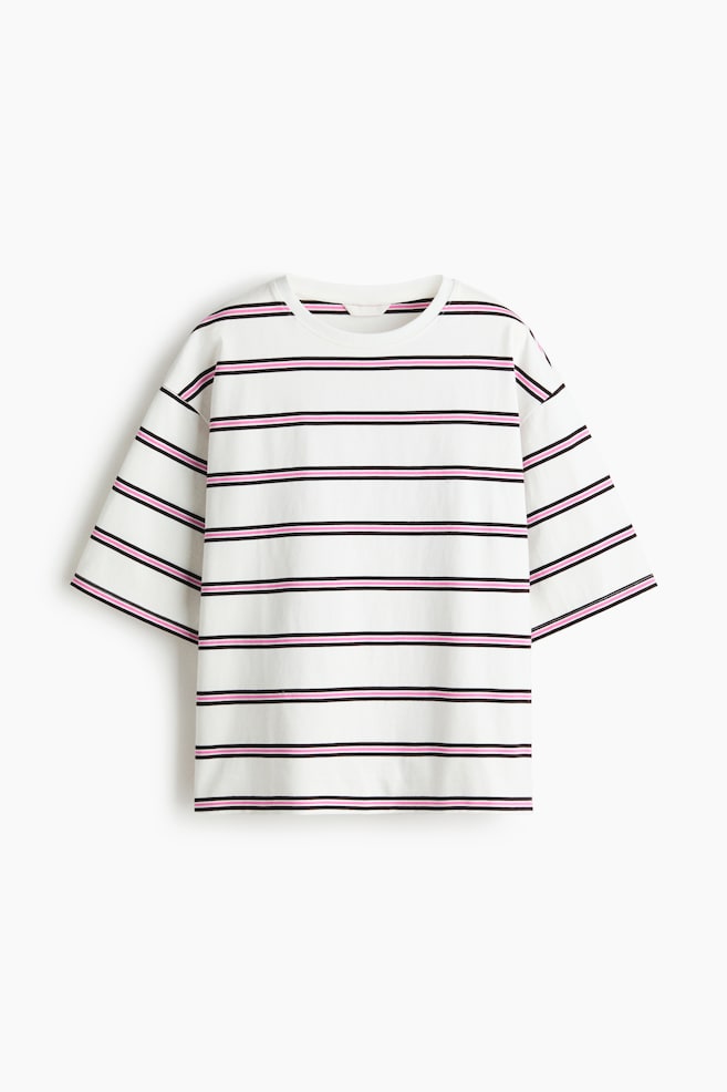 Oversized Baumwoll-T-Shirt - Weiss/Rosa gestreift - 1