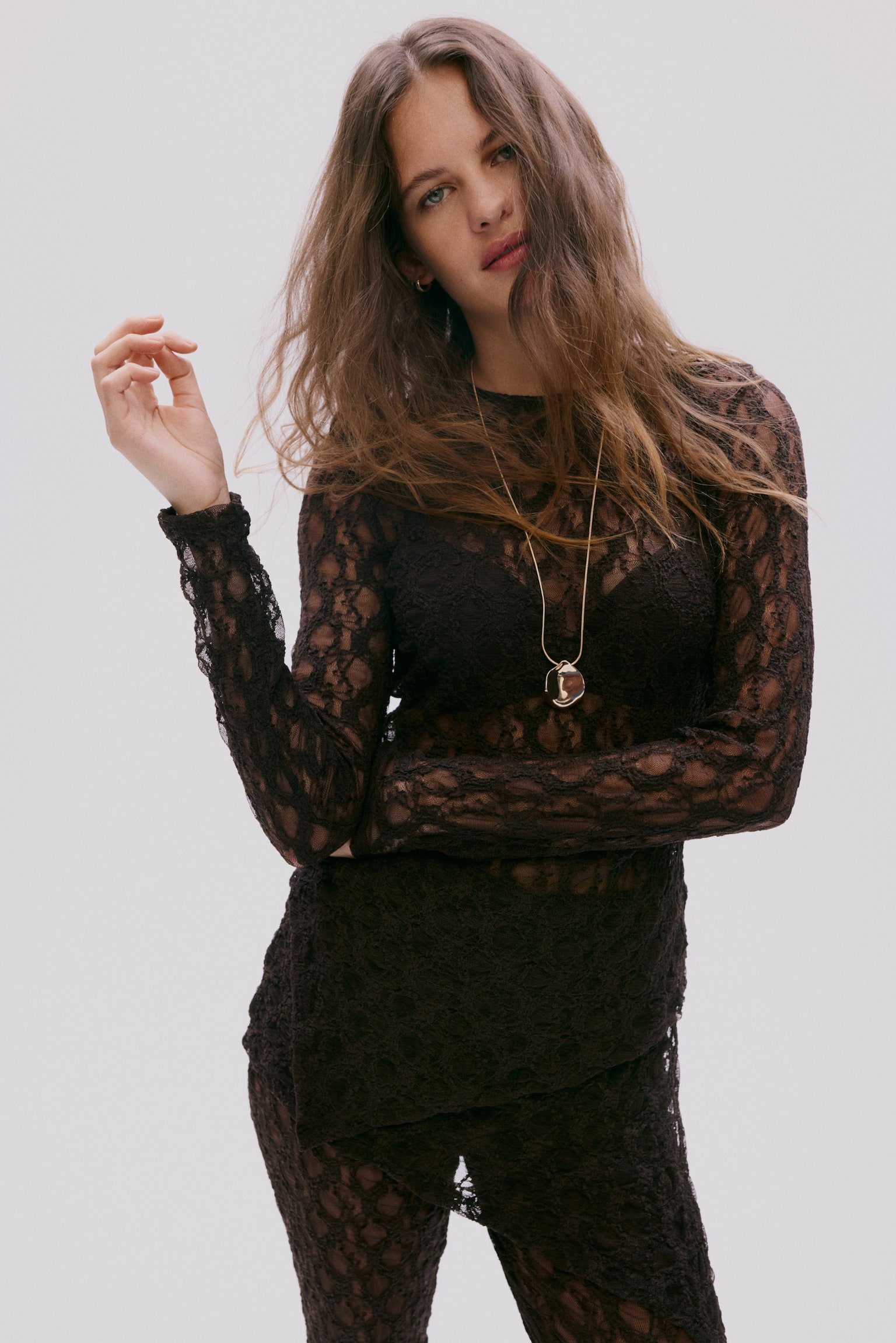 Asymmetric lace-look top - Dark brown - 1