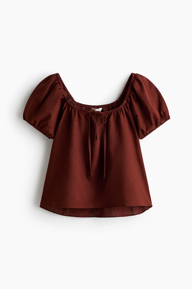 Blouse en lin mélangé avec manches bouffantes - Brun rouille/Blanc/Bleu clair - 1