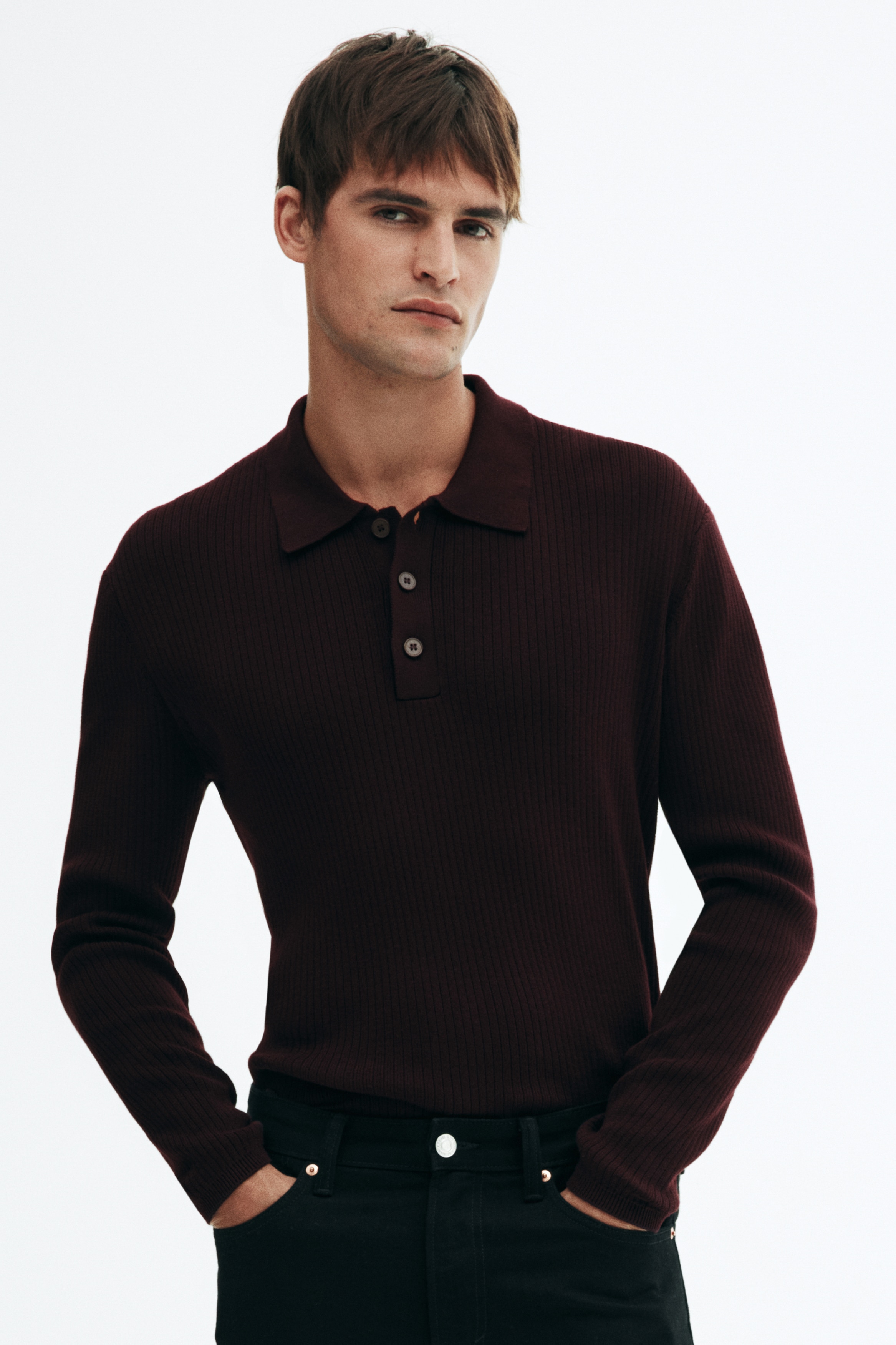 H & M - スリムフィット リブニットポロシャツ - レッド