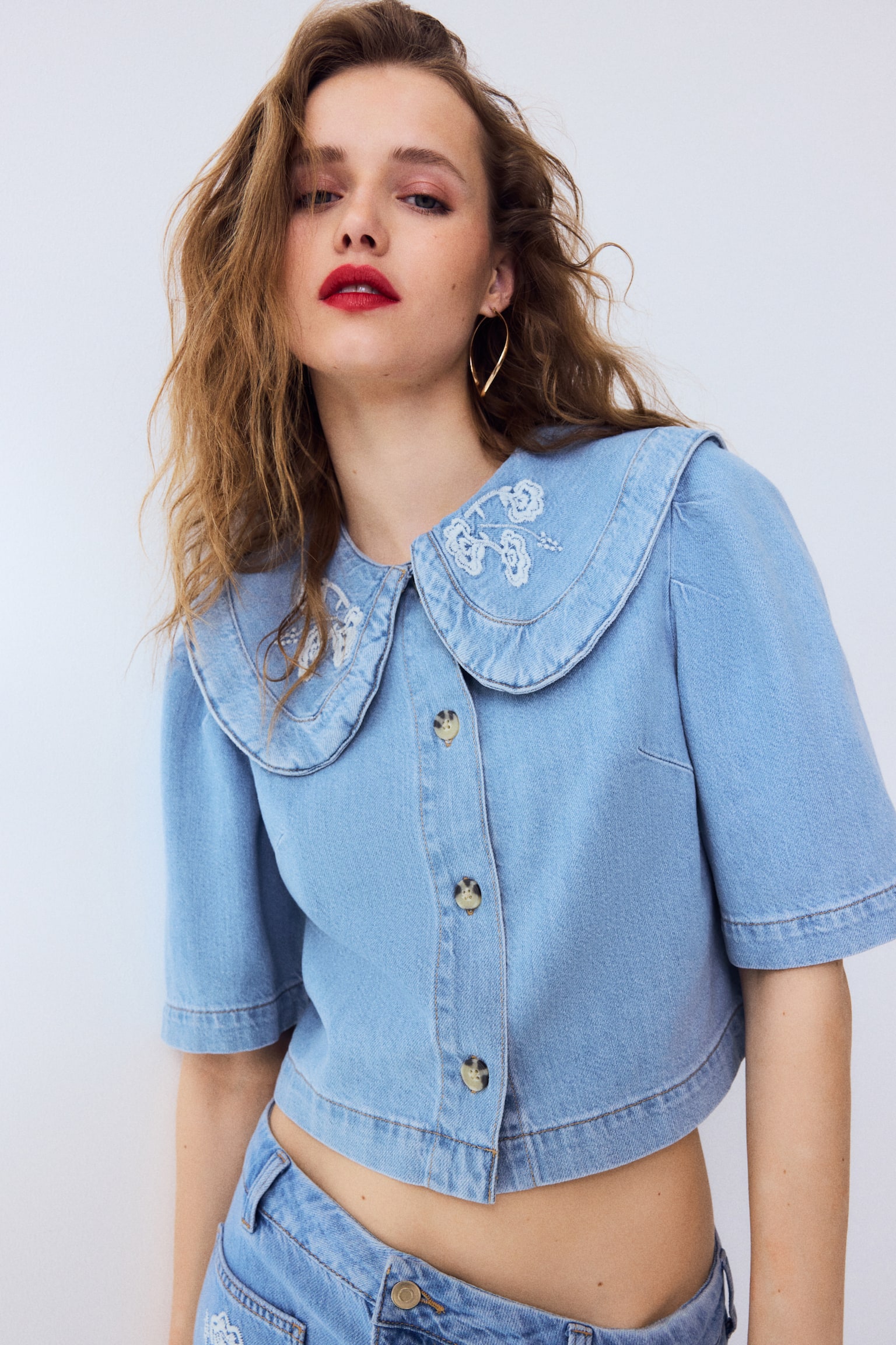 Collared denim blouse - Light denim blue/Flowers - 5