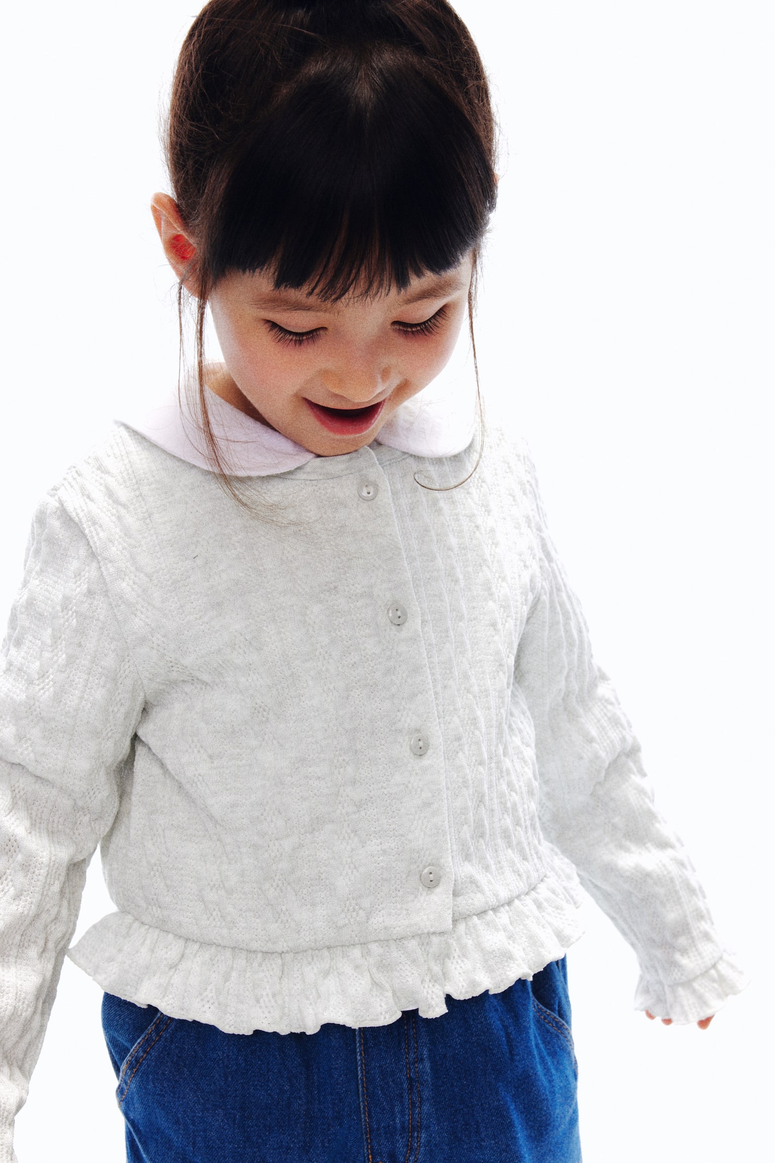 荷葉邊絞花針織開襟衫 - 淺灰混色/黑色 - 5