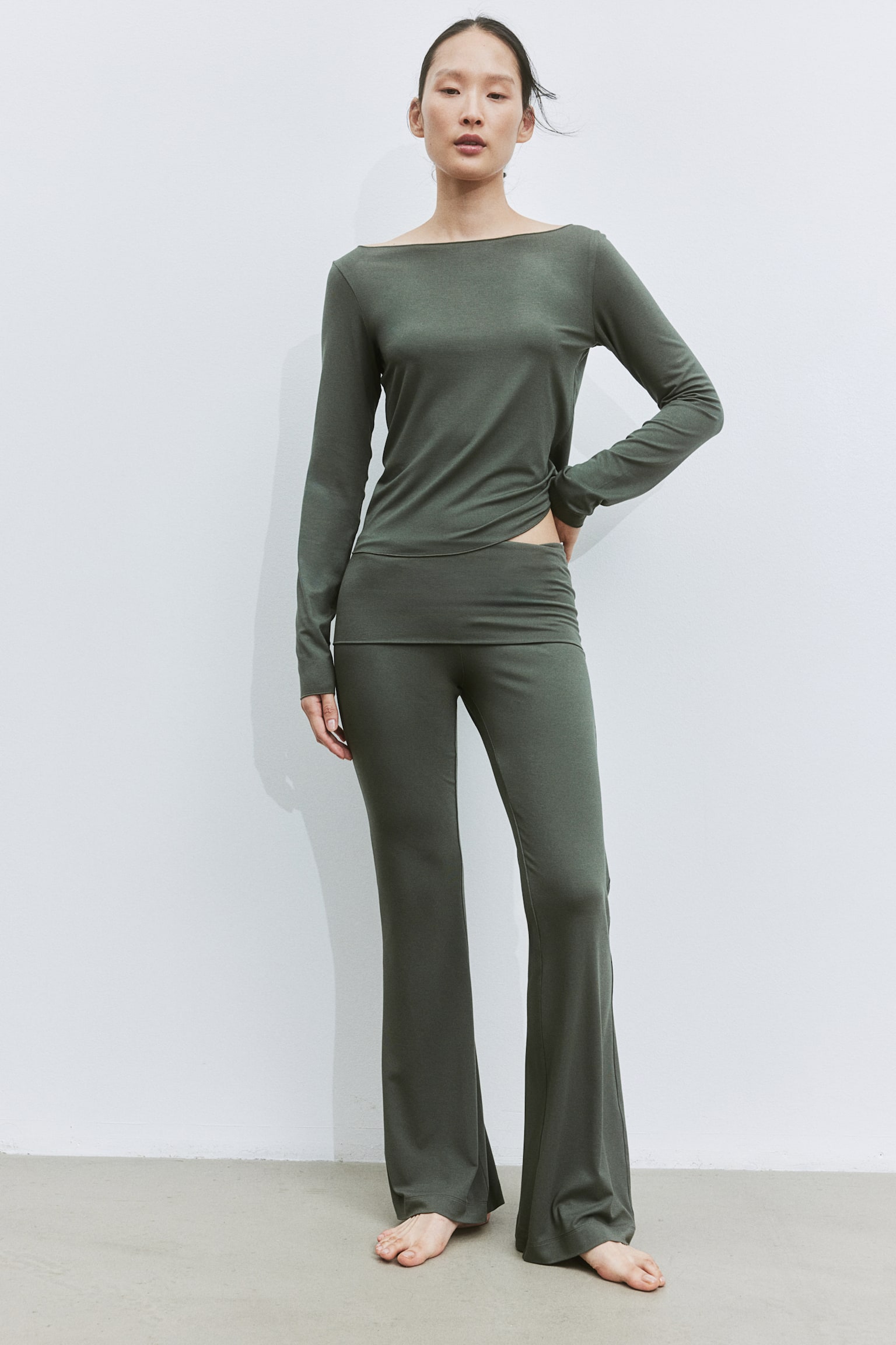 Flared jersey trousers - Dark khaki green/Light grey marl - 6