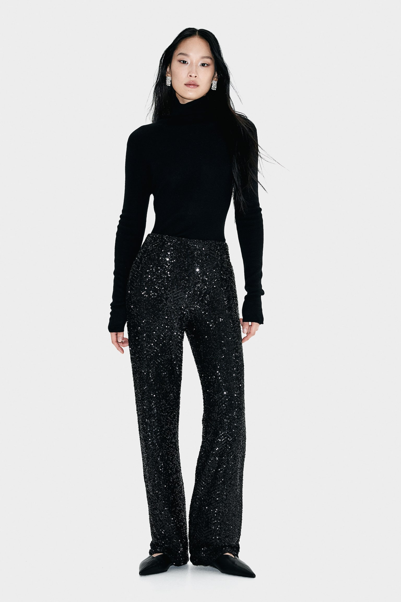 Sequined trousers - Black/Herringbone-patterned - 4