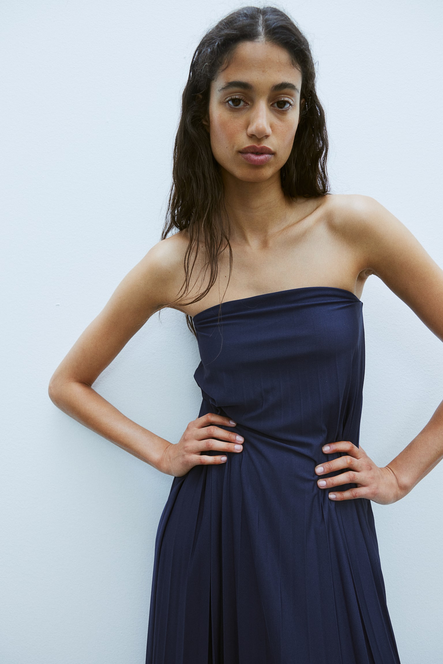 Pleated Bandeau Dress - Navy blue - 4