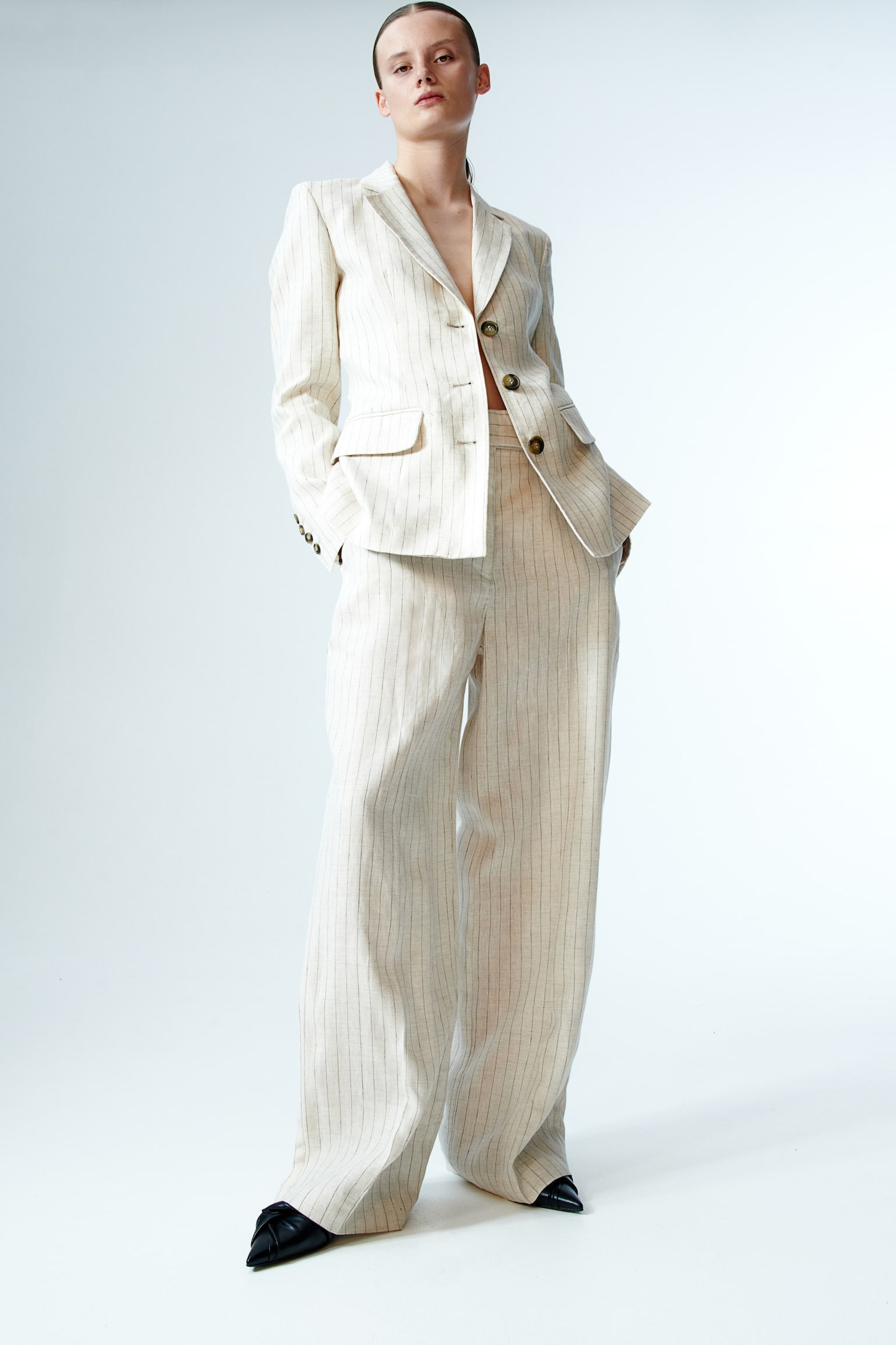 Linen Blazer - Light beige/Pinstripe - 3