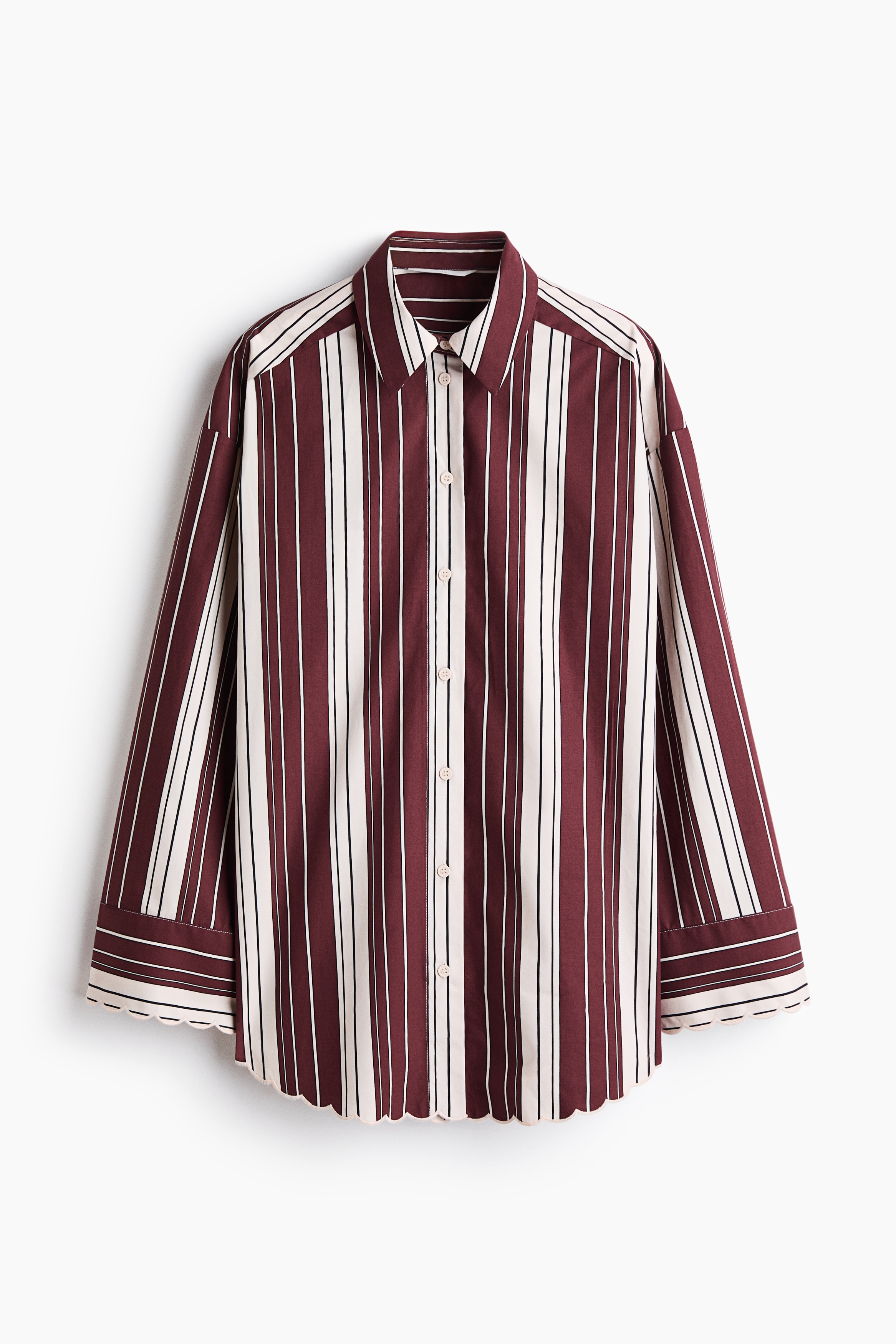 Katoenen overhemdblouse met golvende rand - Bordeauxrood/gestreept