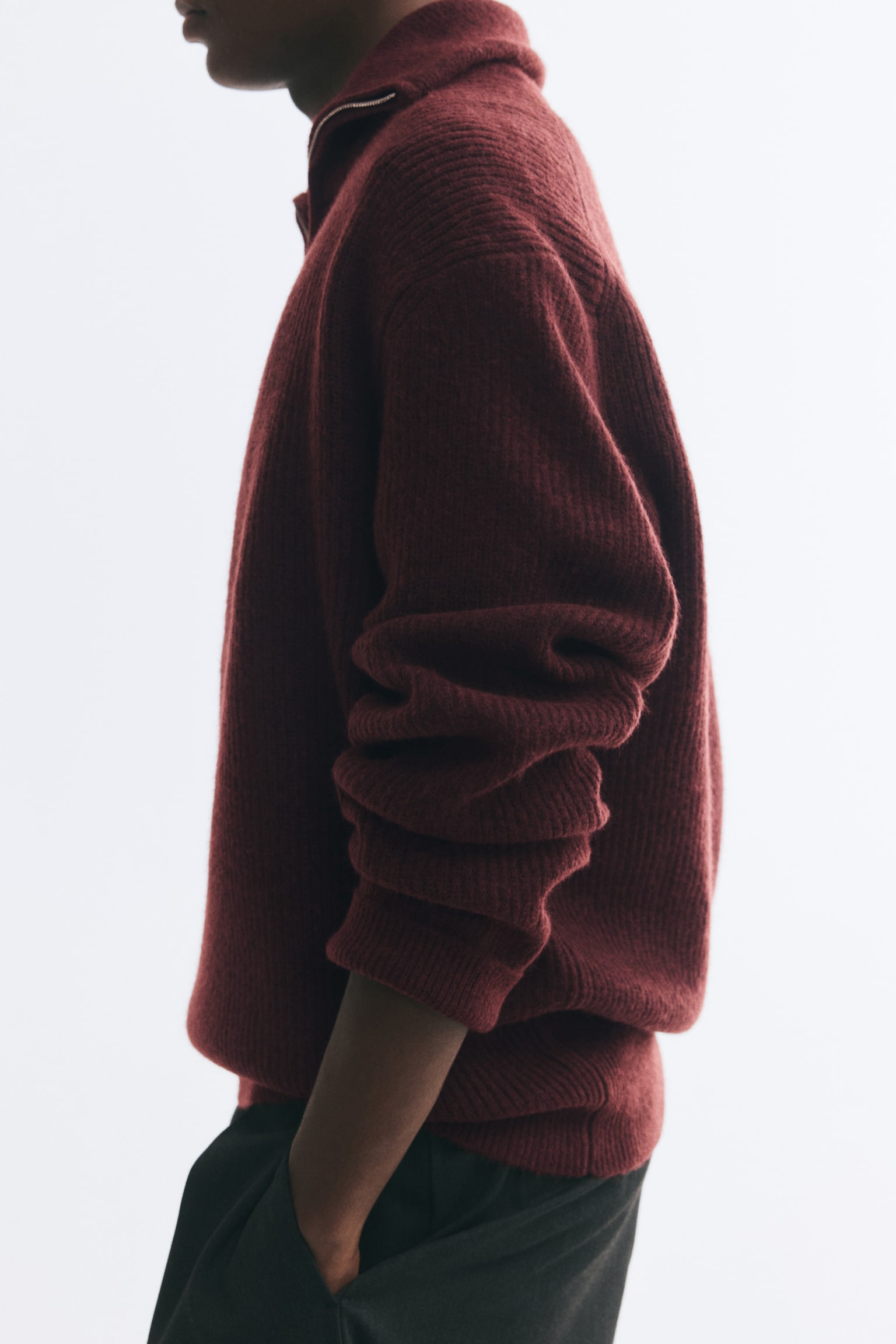 Мужской свитер H&M Relaxed-Fit Half-Zip Rib-Knit, цвет: Бордовый — фото 6