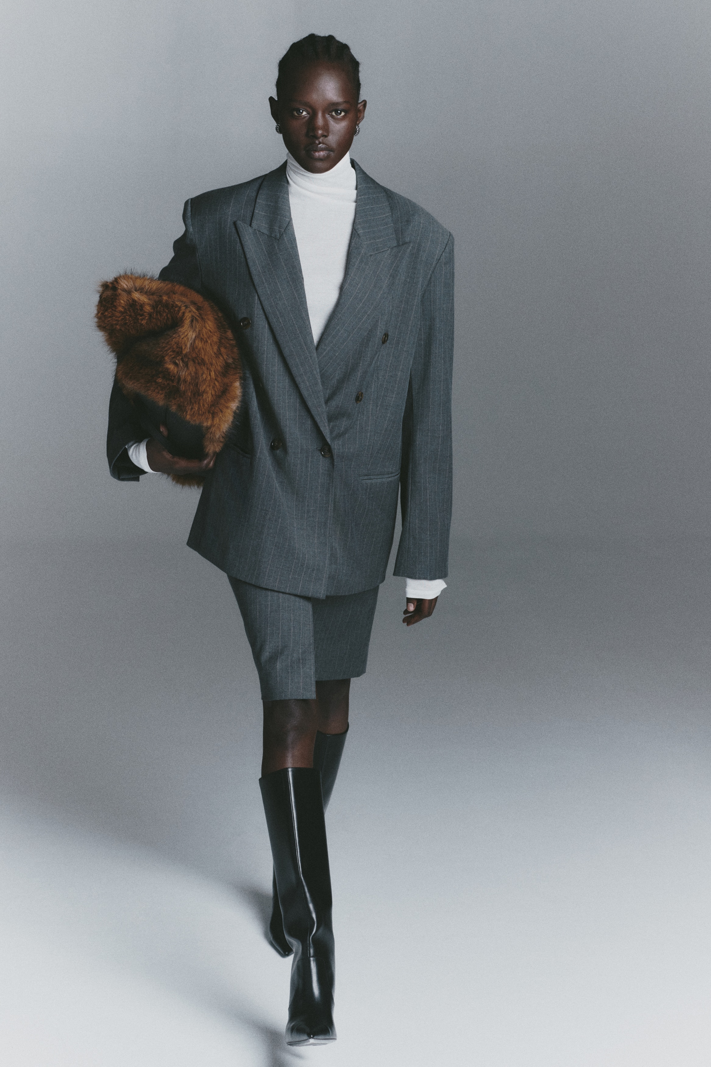 ダブルブレストブレザー - グレー／ピンストライプ - レディース