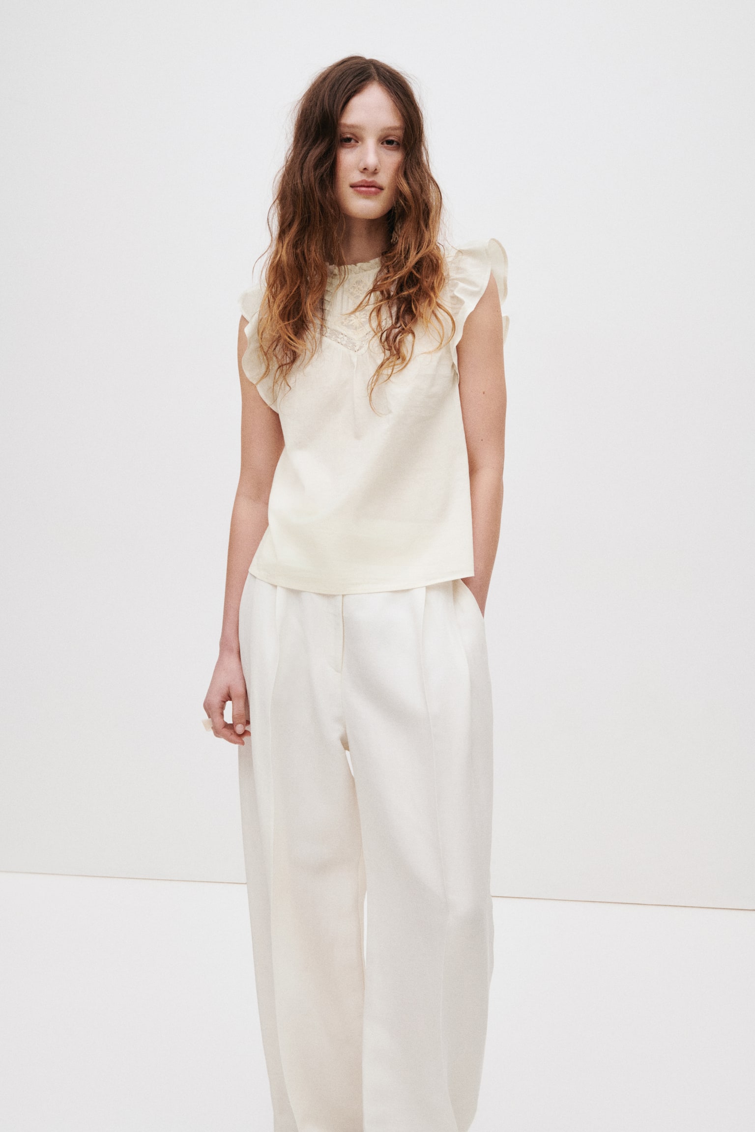 Pintucked cotton top - Cream/Light blue - 3