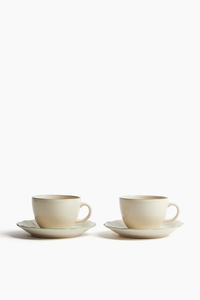 2-pack stoneware cup and saucer - Green/Light beige/Light beige/Pink - 1