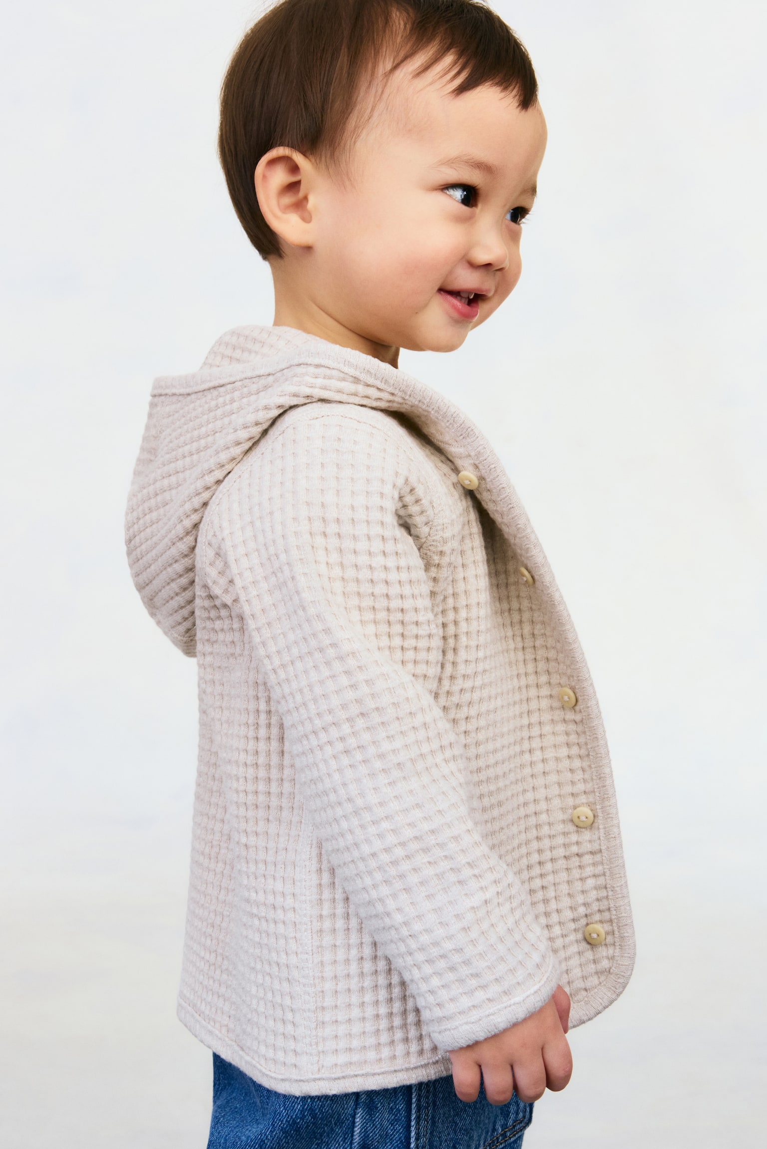 華夫格棉質開襟衫 - 淺米色/淺灰綠色 - 5