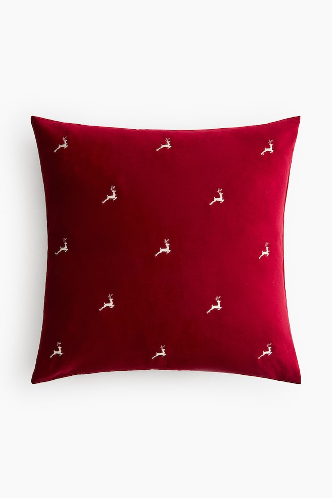 Embroidered-Motif Cushion Cover - Red/reindeer/Dark green/evergreen trees - 1