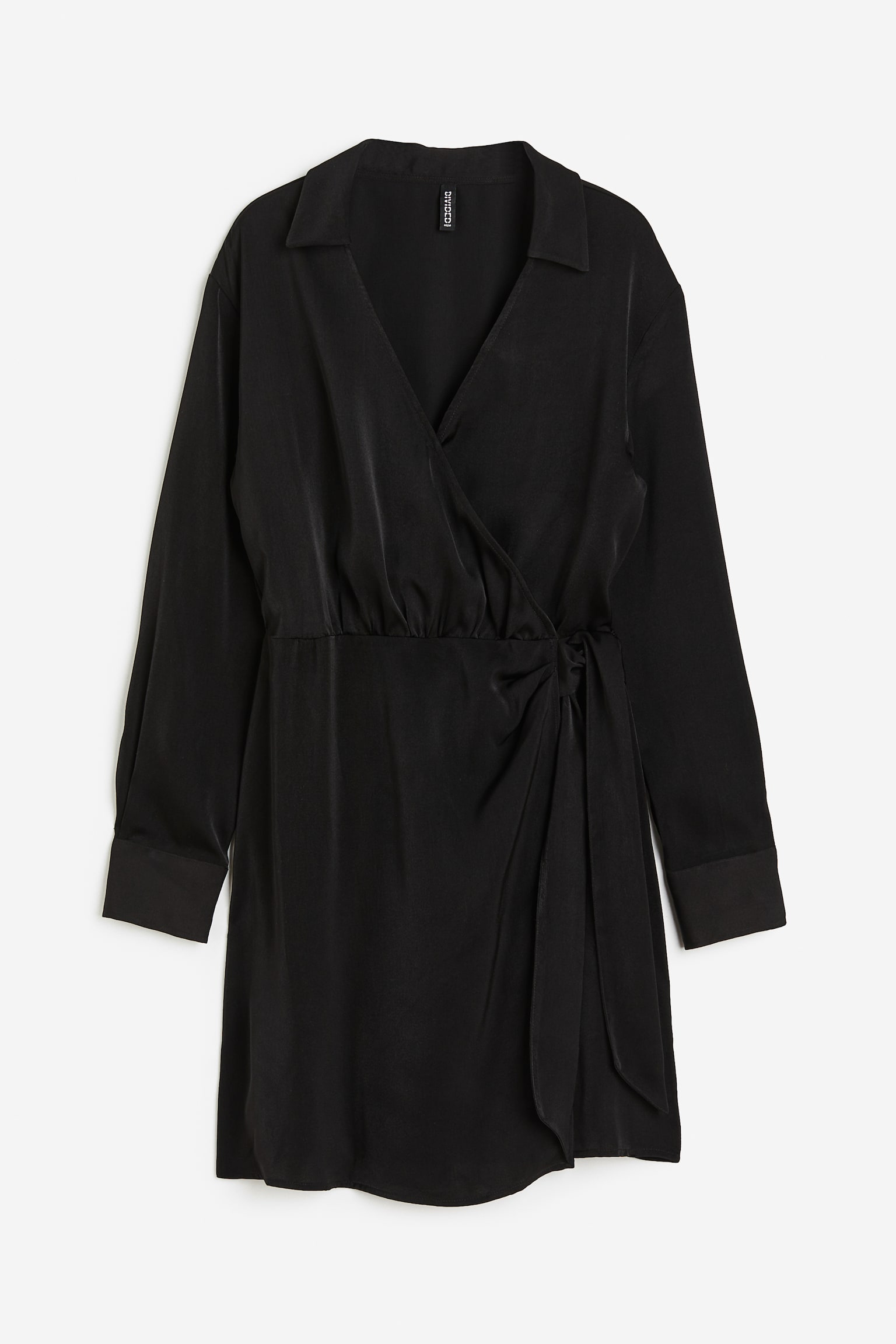 Satin Wrap Shirt Dress - Black - 1