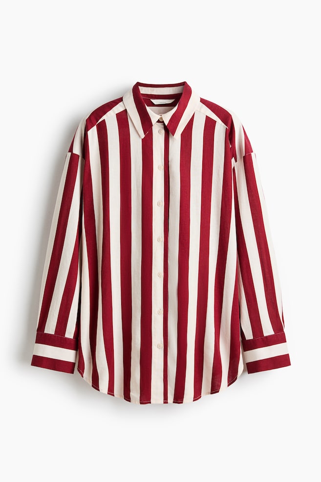 Camisa oversized en mezcla de lino - Rojo oscuro/Rayado/Beige claro/Diseño paisley - 1