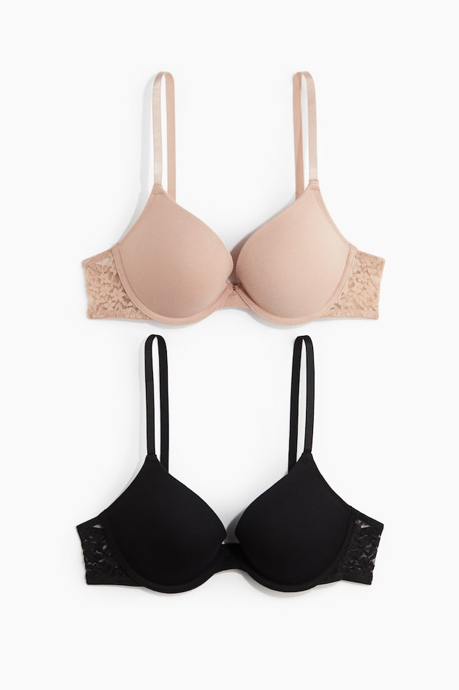 2 katoenen push-up bh‘s - Beige/zwart/Lichtblauw/wit - 1