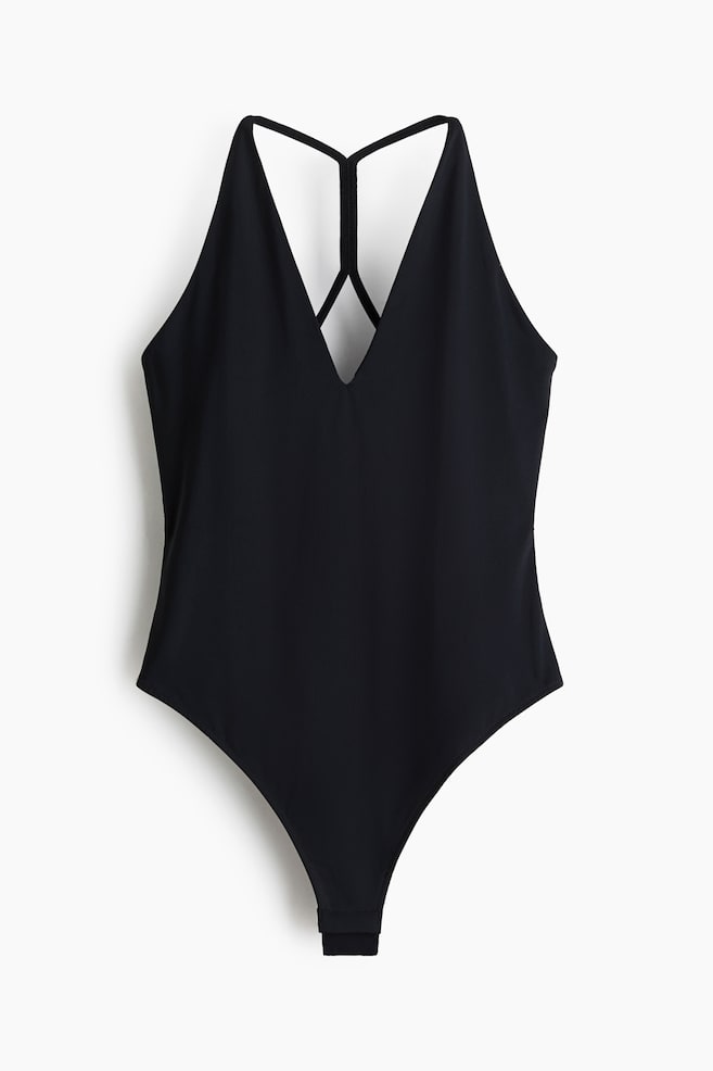 V-Neck Thong Bodysuit - Black - 1
