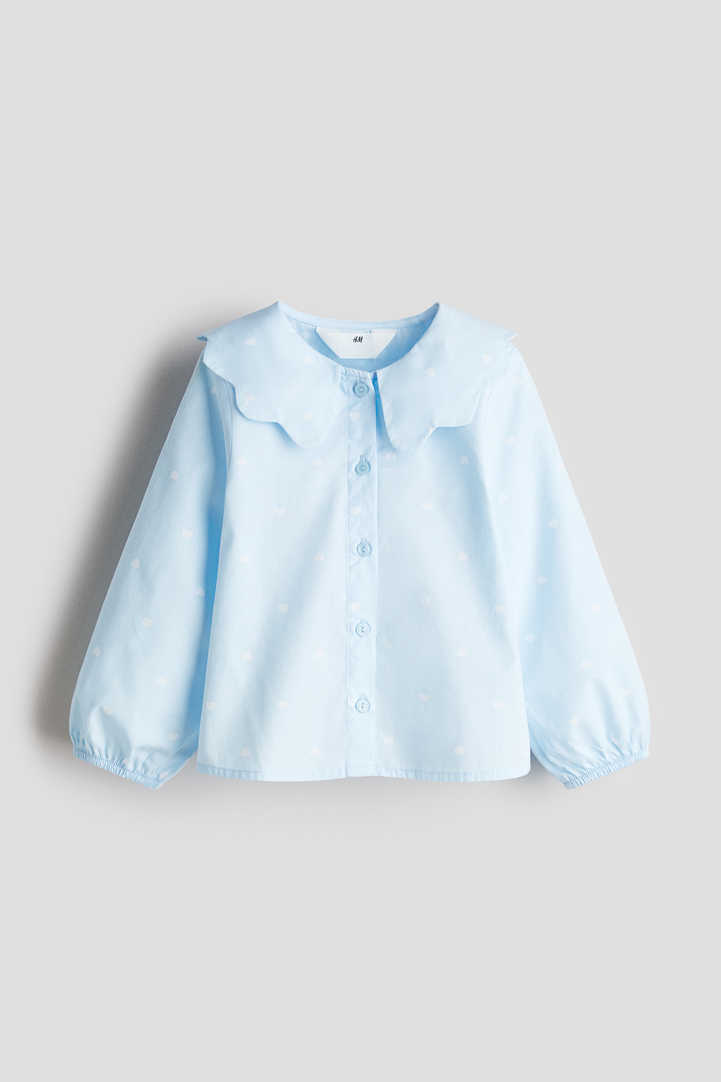 Collared cotton poplin blouse - Light blue/Hearts/White