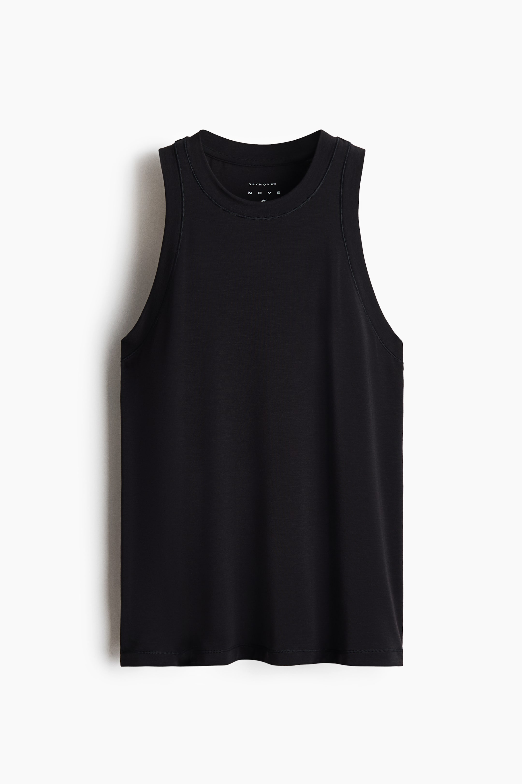 View larger image: A black tank top is shown from the front, featuring a high crew neckline with a ribbed neckband and deep-cut sleeveless armholes. The top has a relaxed fit and a straight hemline, made from a smooth, lightweight fabric.