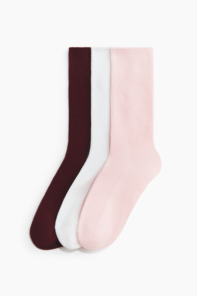 3-pack Ribbed Socks - Burgundy/cream/light pink/Cream/light beige/dark brown/Black - 1