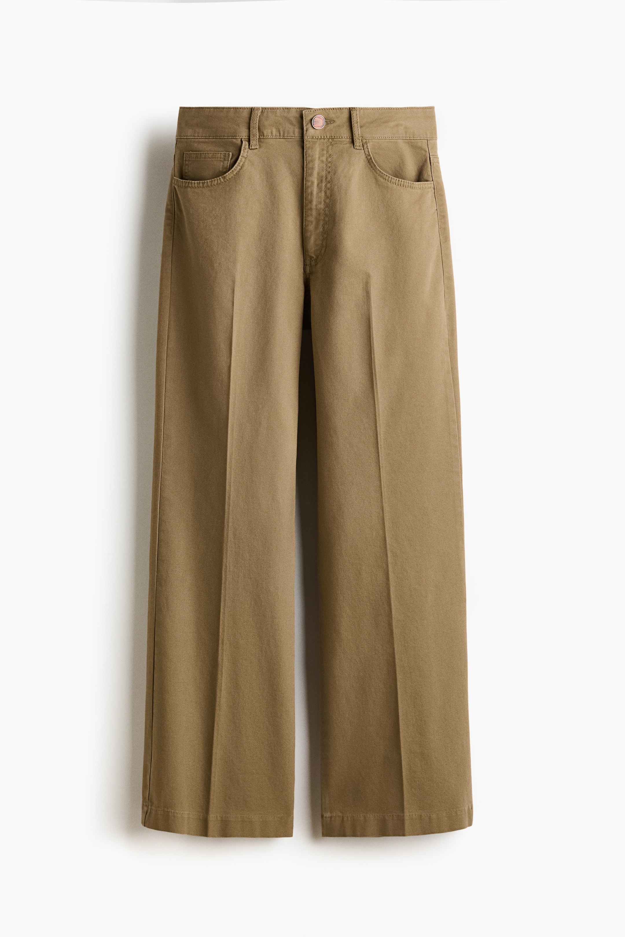 View larger image: Fitted, ankle-length khaki trousers in cotton canvas are showcased from the front, featuring a regular waist with a button closure and zip fly, front pockets, and bootcut legs with visible creases down the front.