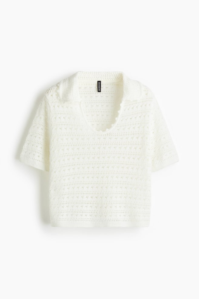 Hole-Knit Top with Collar - White - 1