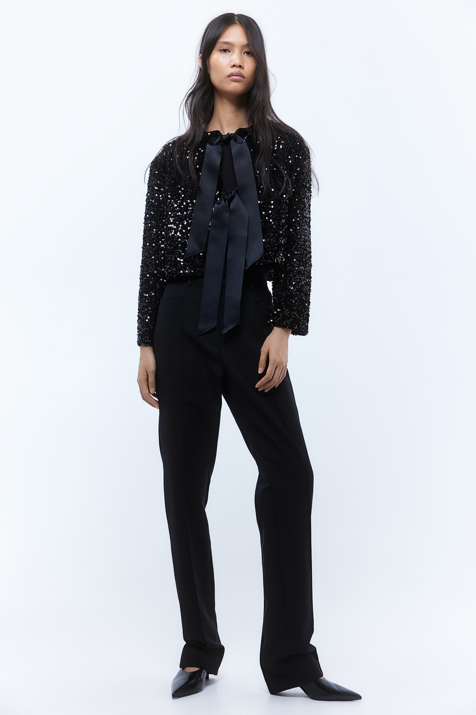 Sequined bow-front jacket - Black/Cream - 1