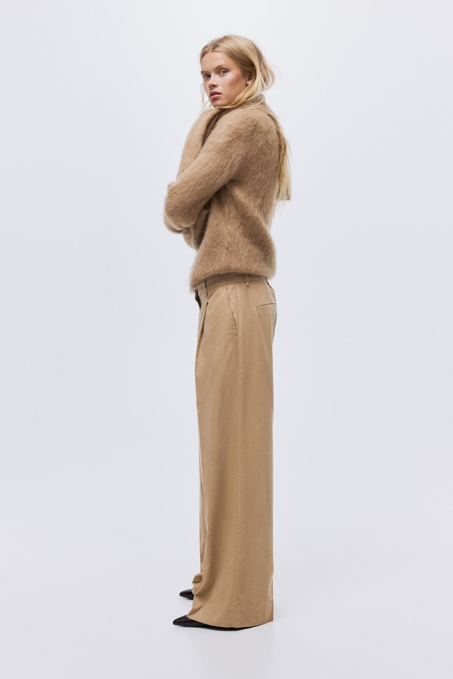 Wide corduroy trousers - Beige/Black - 3