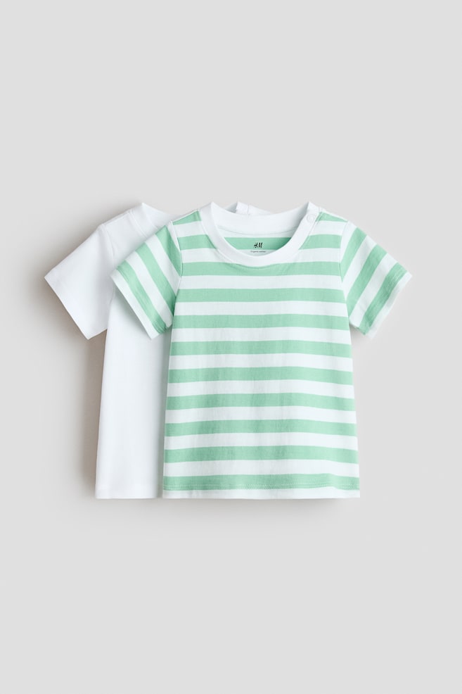 Lot de 2 T-shirts en coton - Vert clair/blanc/Violet clair/cœurs/Bleu marine/rayures blanches/Gris clair/rayé/Vert clair/blanc/Rose/cerises/Blanc/Bleu marine/rayé - 1