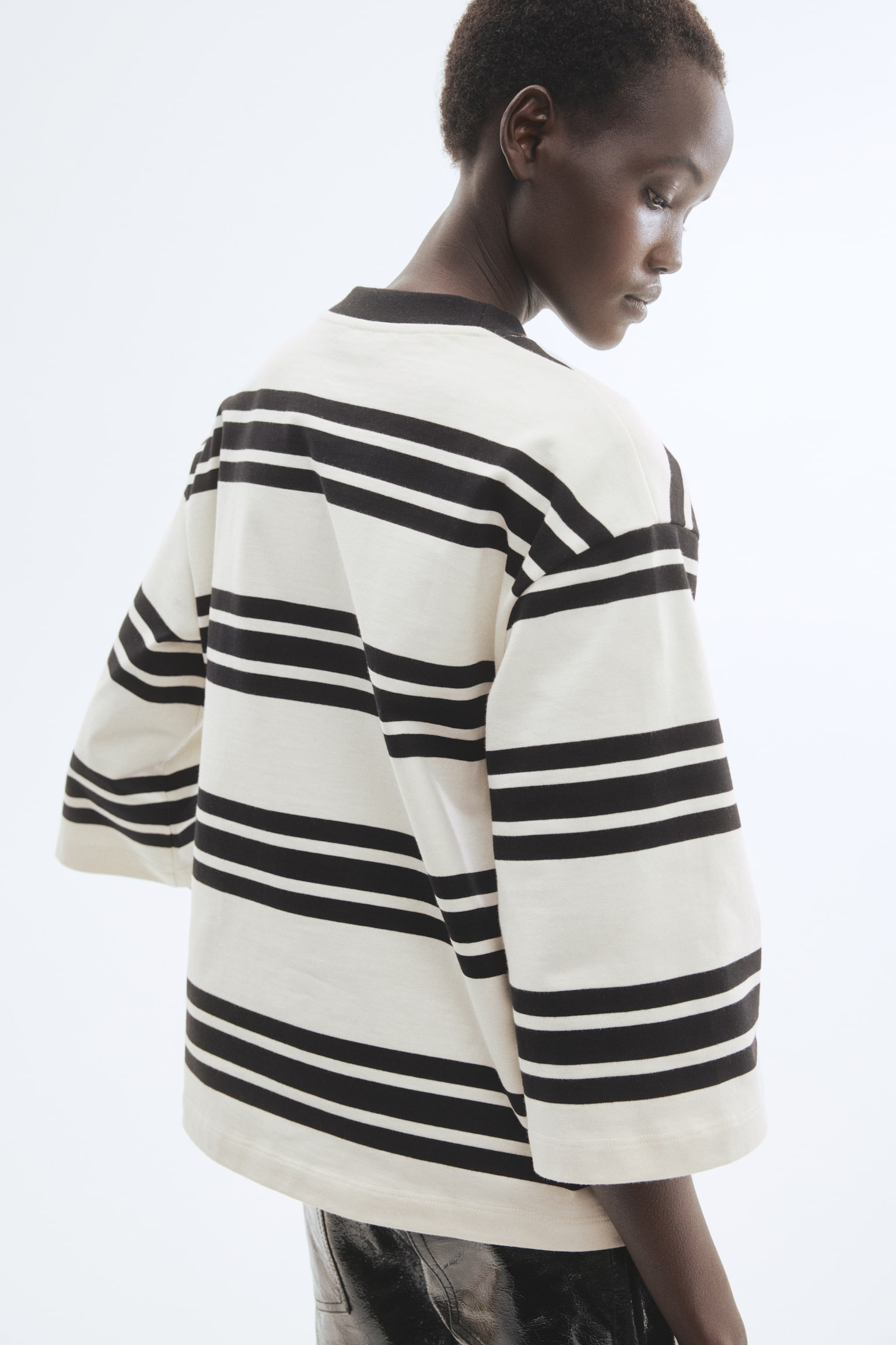 Bavlněný top Loose Fit - Bílá/černý proužek/Pudrově růžová/proužky - 3