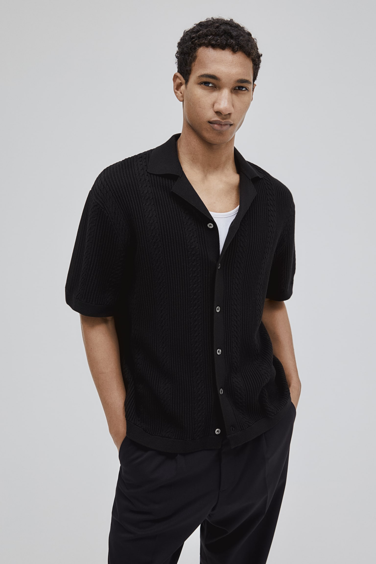 Regular Fit Textured Knit Resort Shirt - Black/White - 1