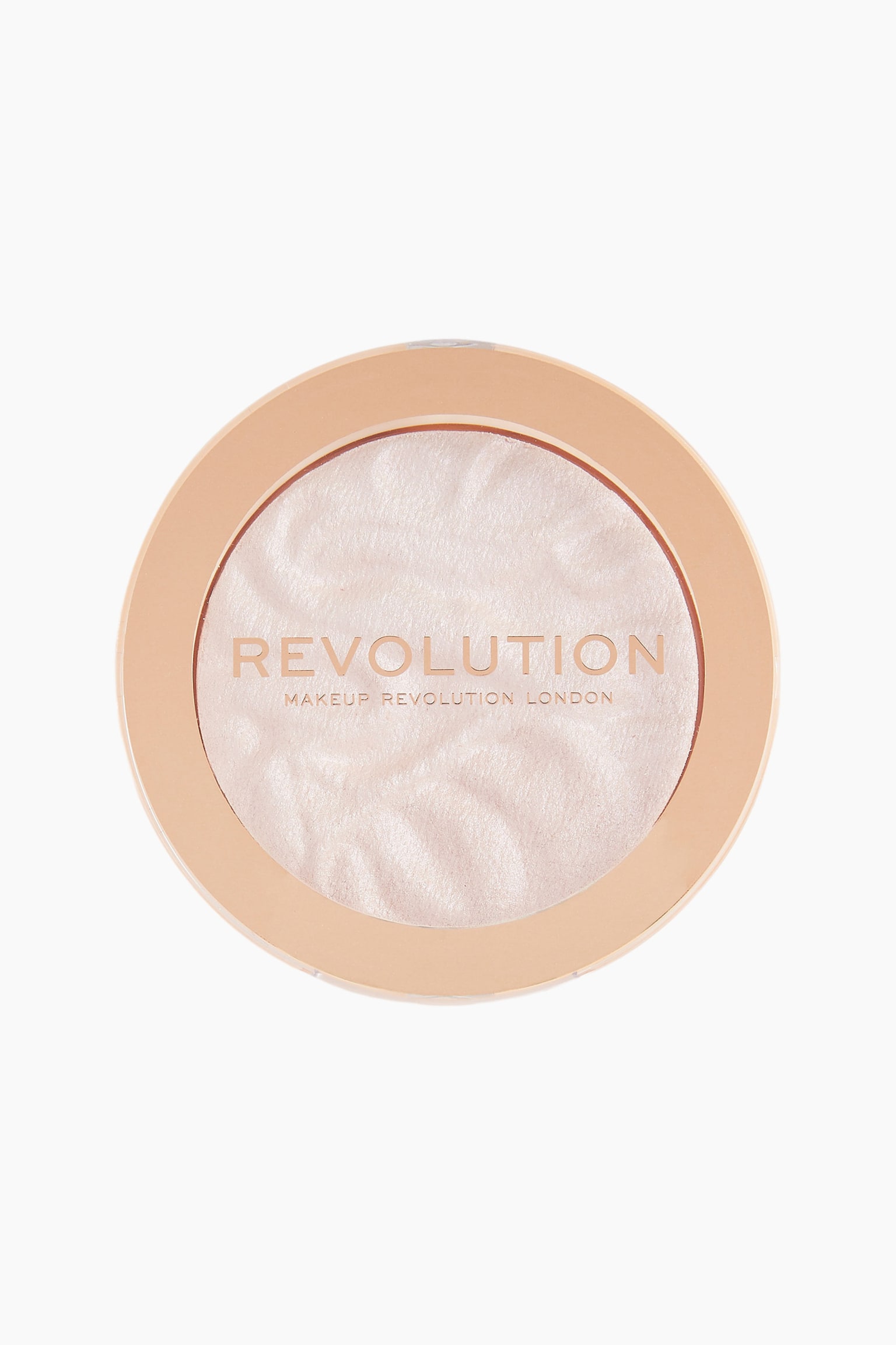 Ett runt sminkpuder i kompaktformat, visat uppifrÃ¥n, med en skimrande, pÃ¤rlemorskimrande rosa highlighter med en vÃ¥gig, strukturerad yta. KompaktfÃ¶rpackningen har ett transparent lock med den rosÃ©guldfÃ¤rgade texten "REVOLUTION MAKEUP REVOLUTION LONDON", inramad av en persikofÃ¤rgad cirkulÃ¤r kant. - 1