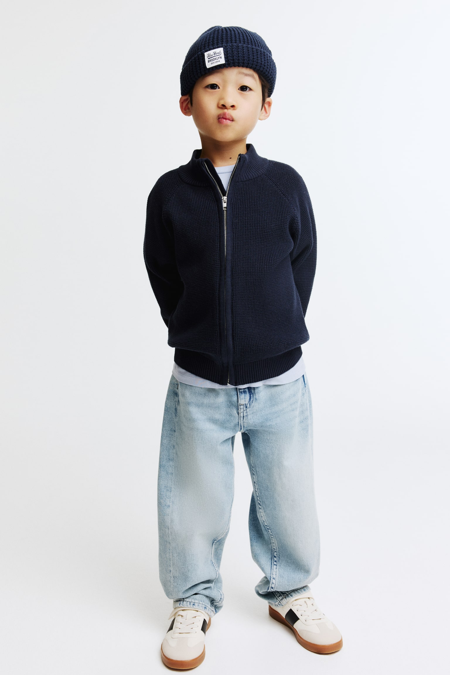 Cotton zip-through cardigan - Navy blue/Khaki green - 1