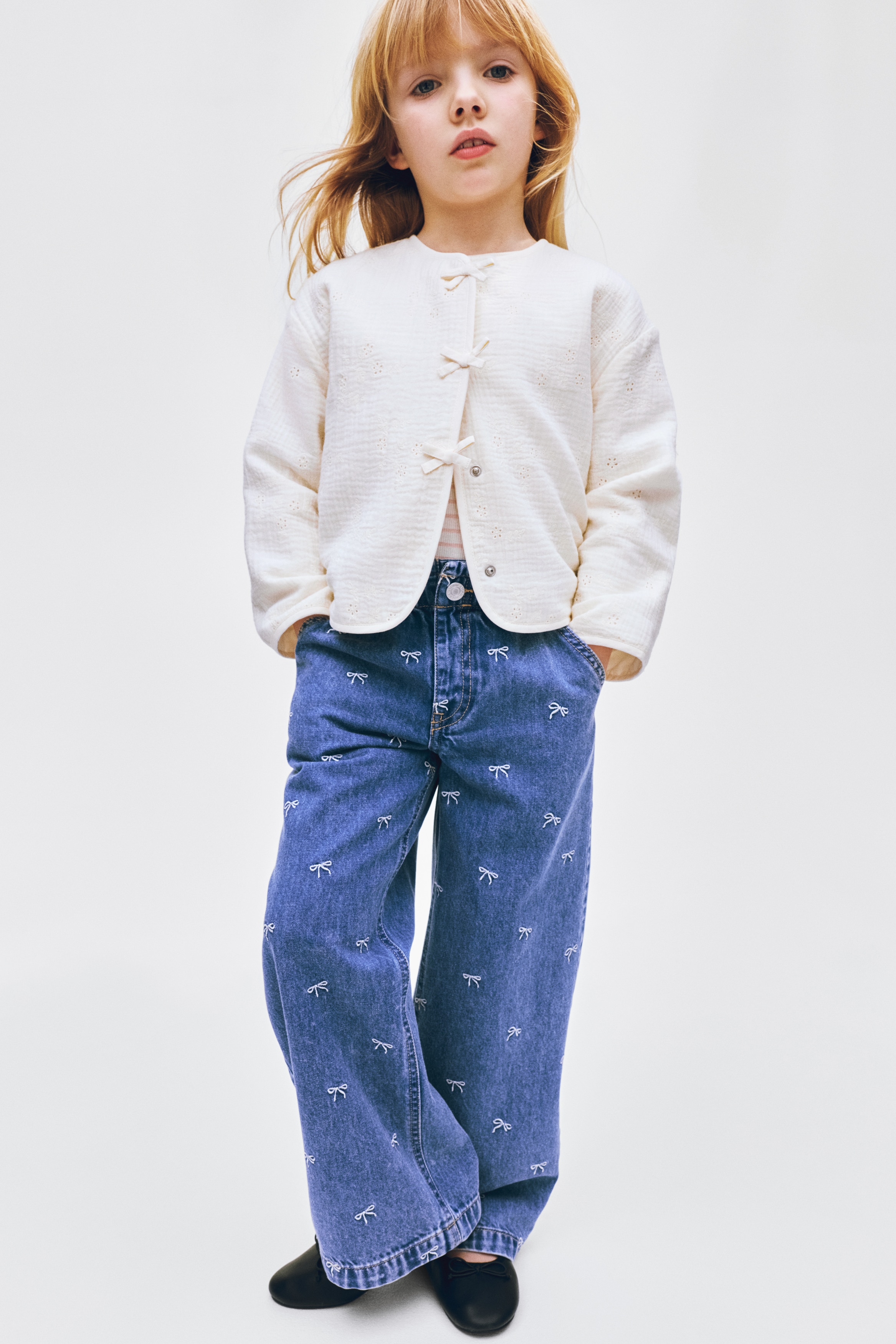 Paperbag-jeans Wide Leg - Denimblå/Sløjfer/Denimblå/Kirsebær