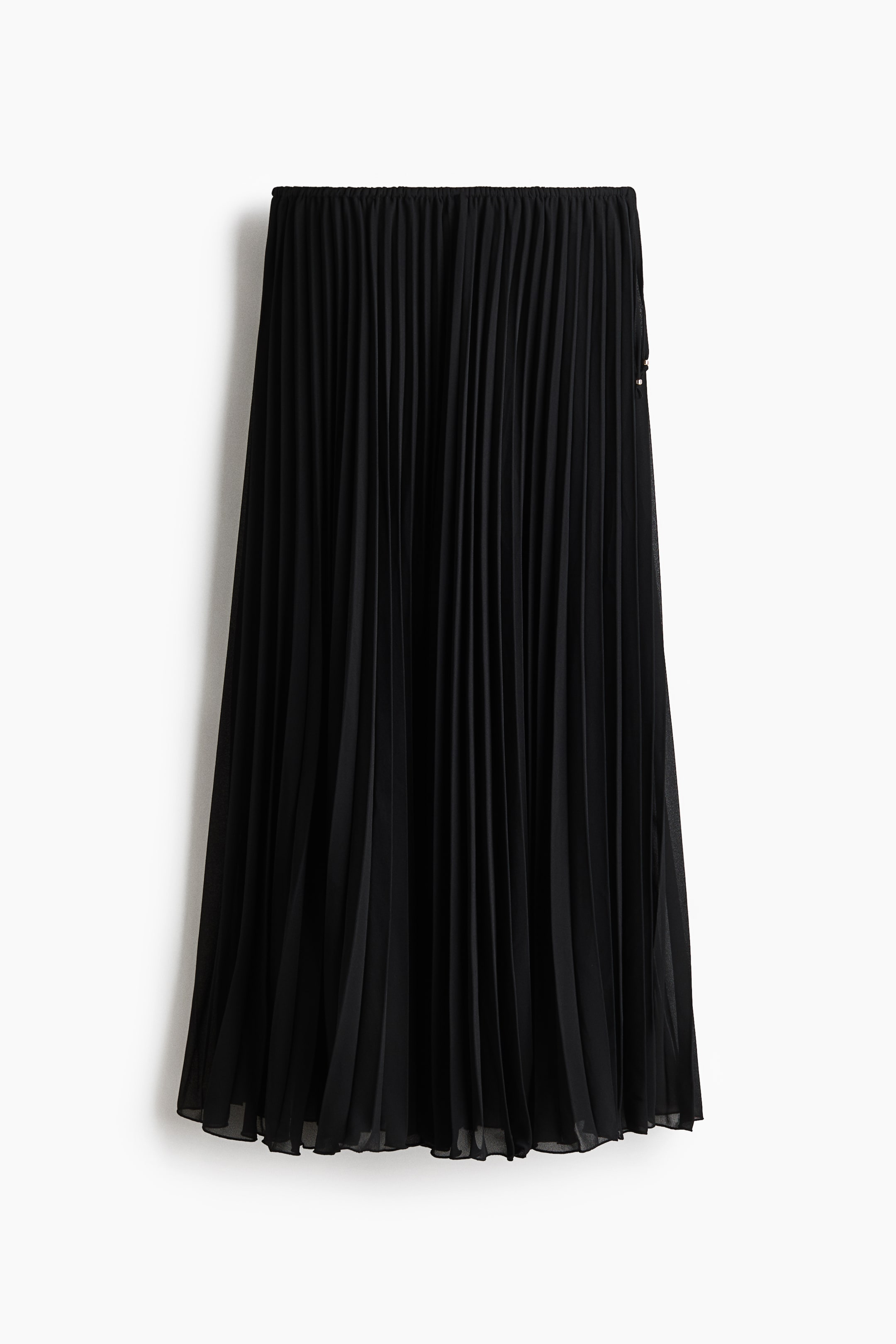 View larger image: A black pleated chiffon skirt is shown from the FRONT, featuring a high waist with covered elastication and a bead-ended drawstring at one side. This calf-length, loose-fit skirt is lined.
