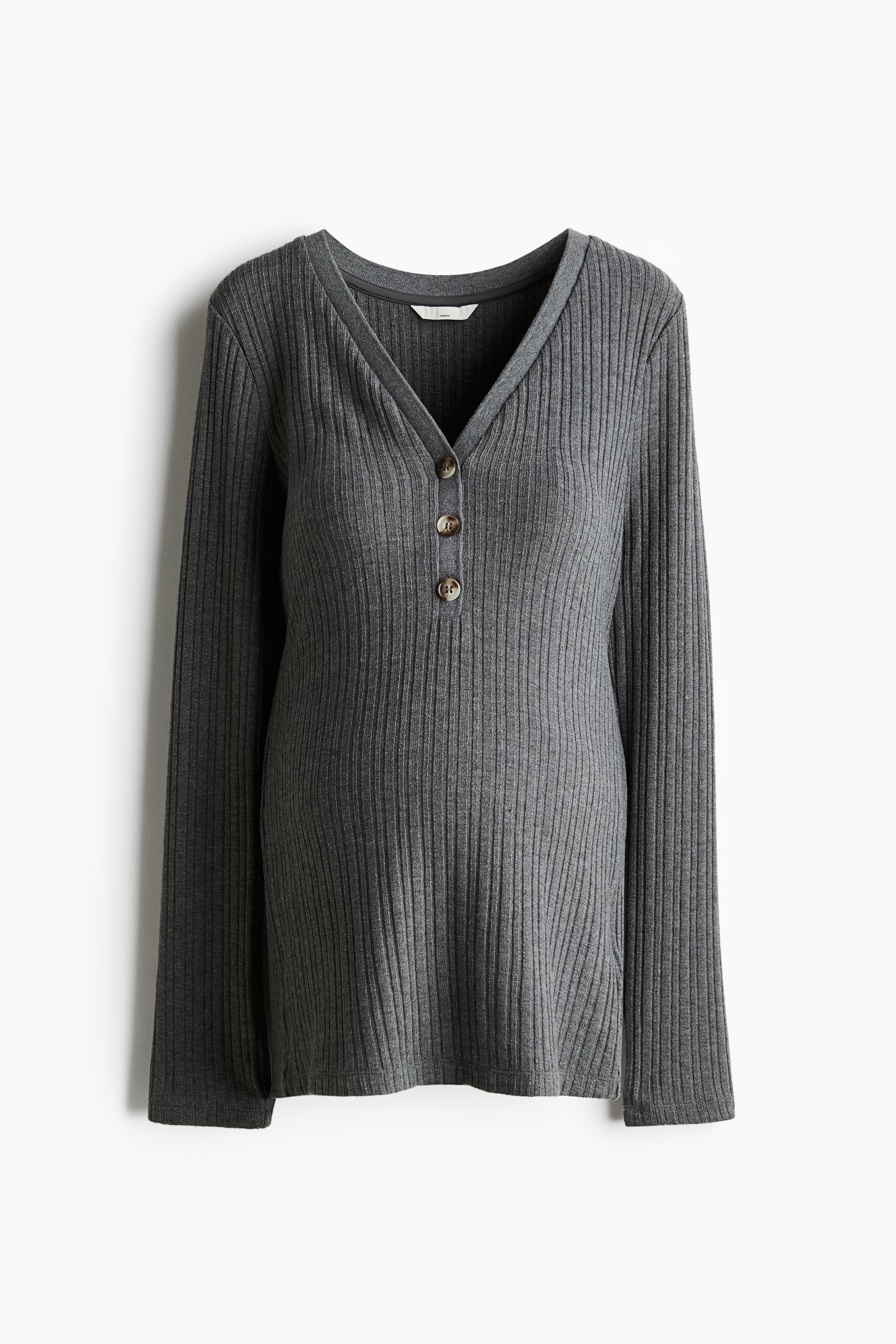 H&M MAMA - Dark grey marl MAMA Rib-knit V-neck top - Size: XS  - H&M