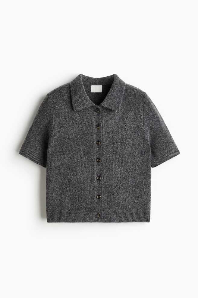Short-sleeved collared cardigan - Dark grey marl/Red - 1