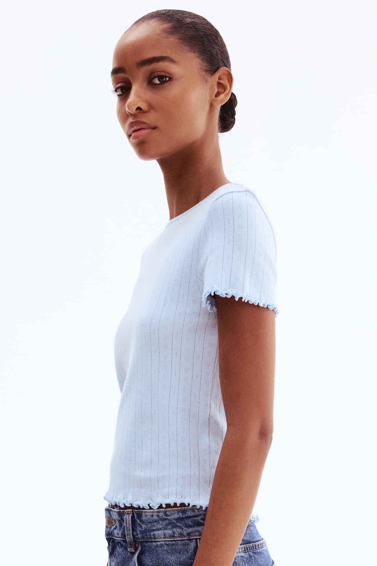 Pointelle jersey top - Light blue/Dark brown/White - 3