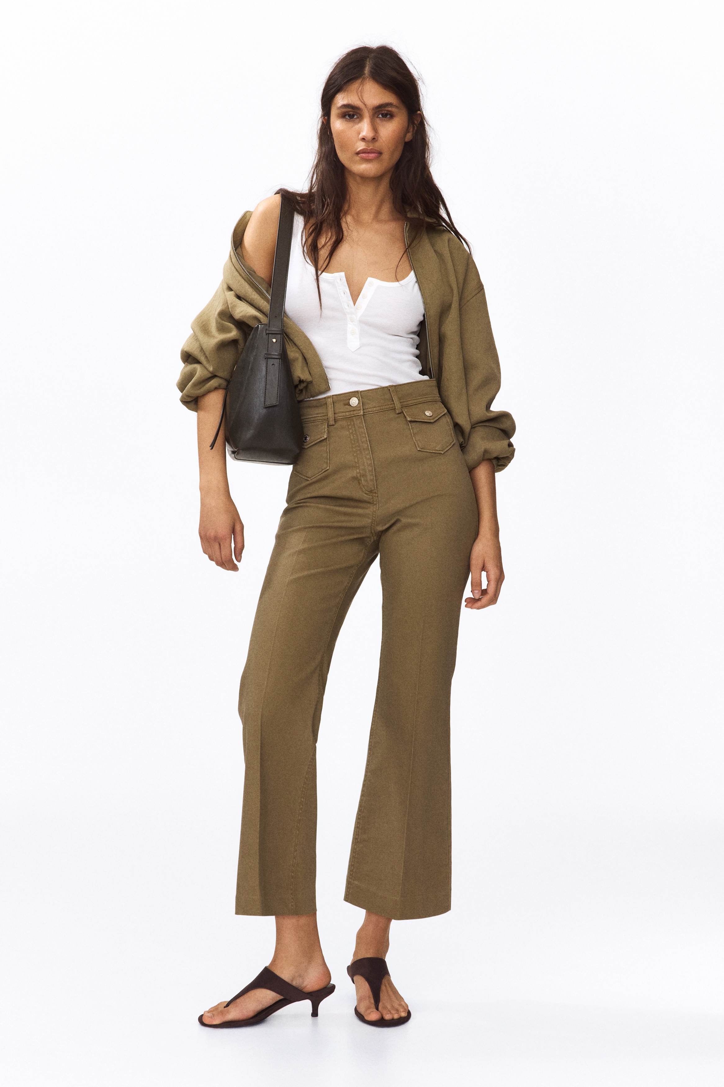 Flared ankle-length trousers - Khaki green/White