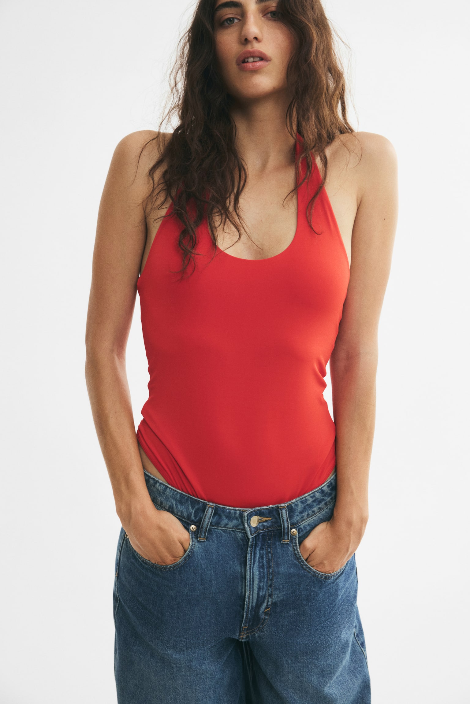 Halterneck thong body - Bright red/Dark purple/Cream - 1