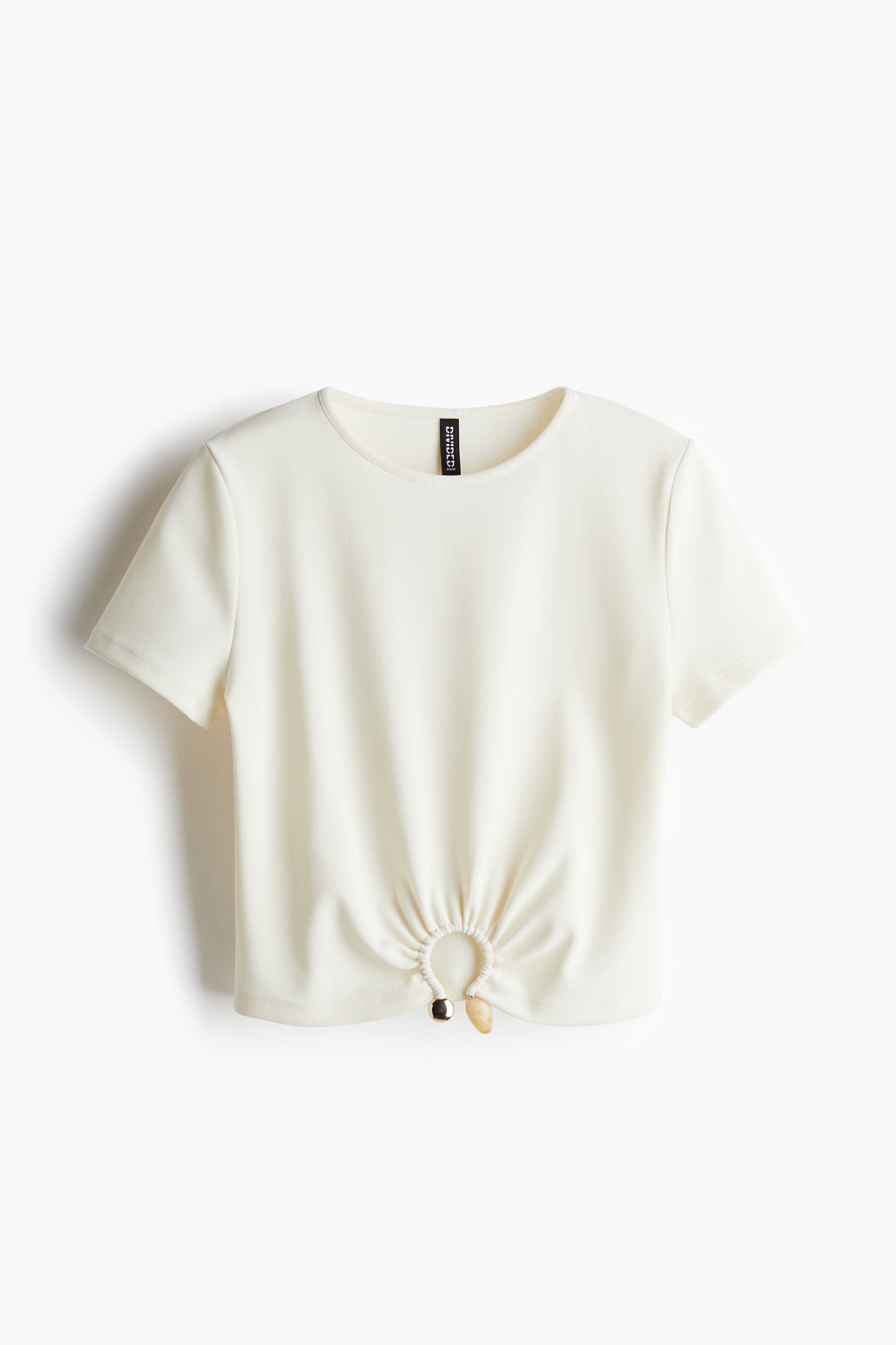 T-shirt a costine con perline - Crema/Nero