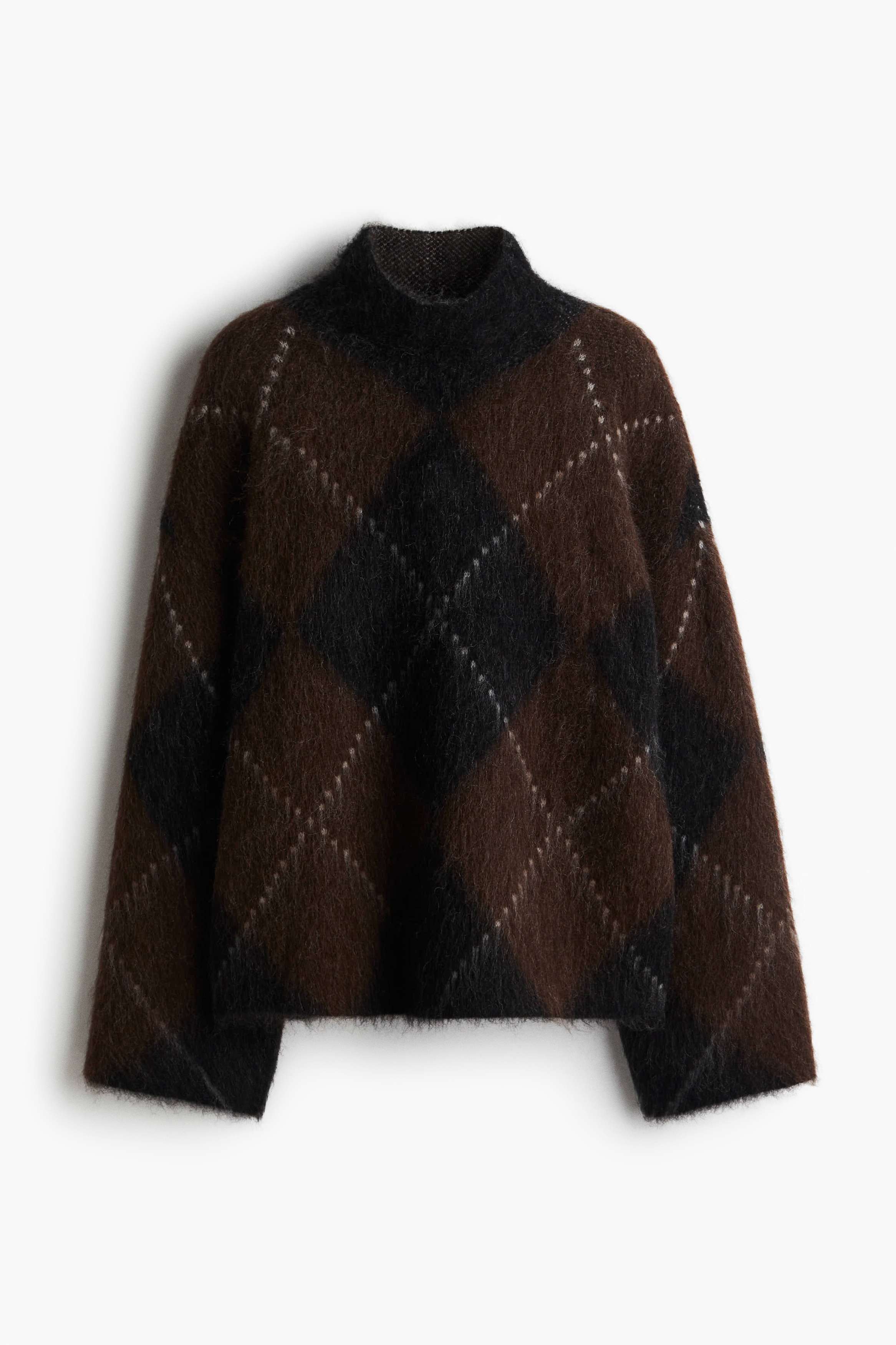 Mohair Blend High Neck Sweater - Dark brown/Argyle pattern